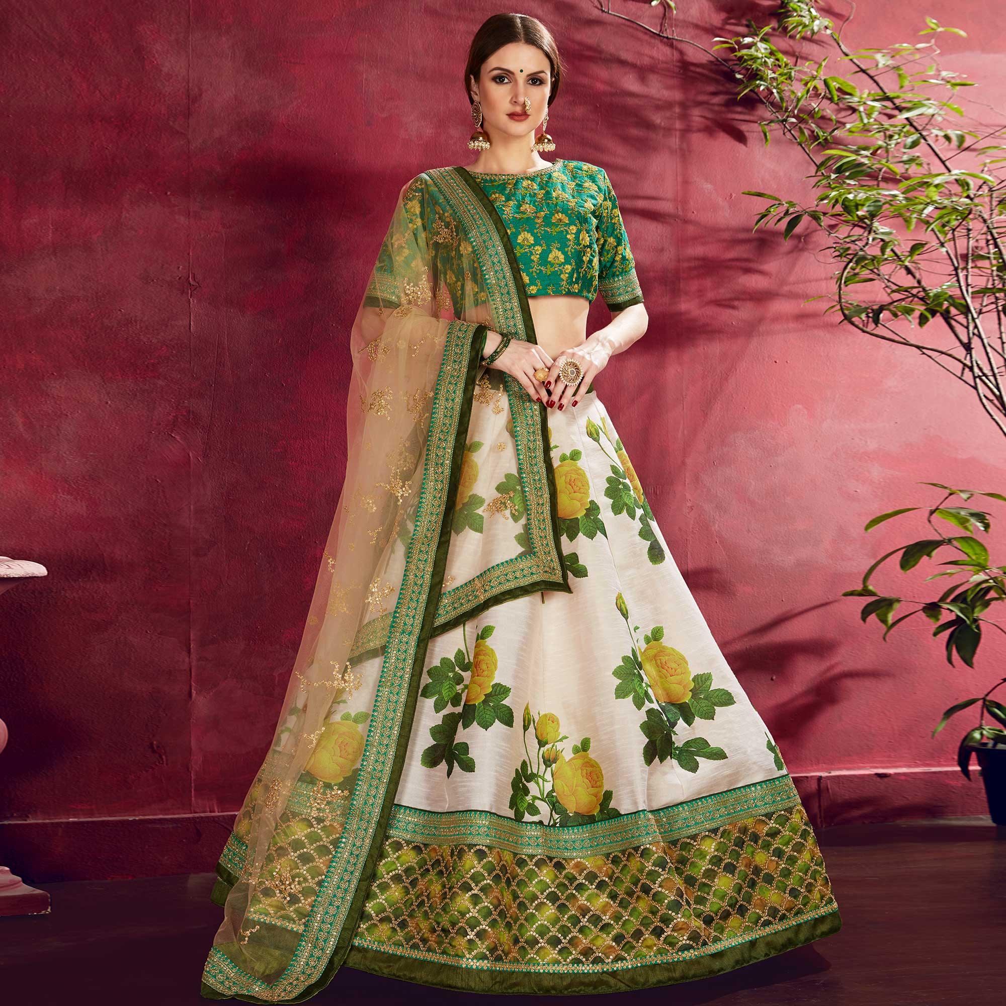Graceful Off-White Colored Designer Digital Print And Embroidered Banglori Silk Lehenga Choli - Peachmode