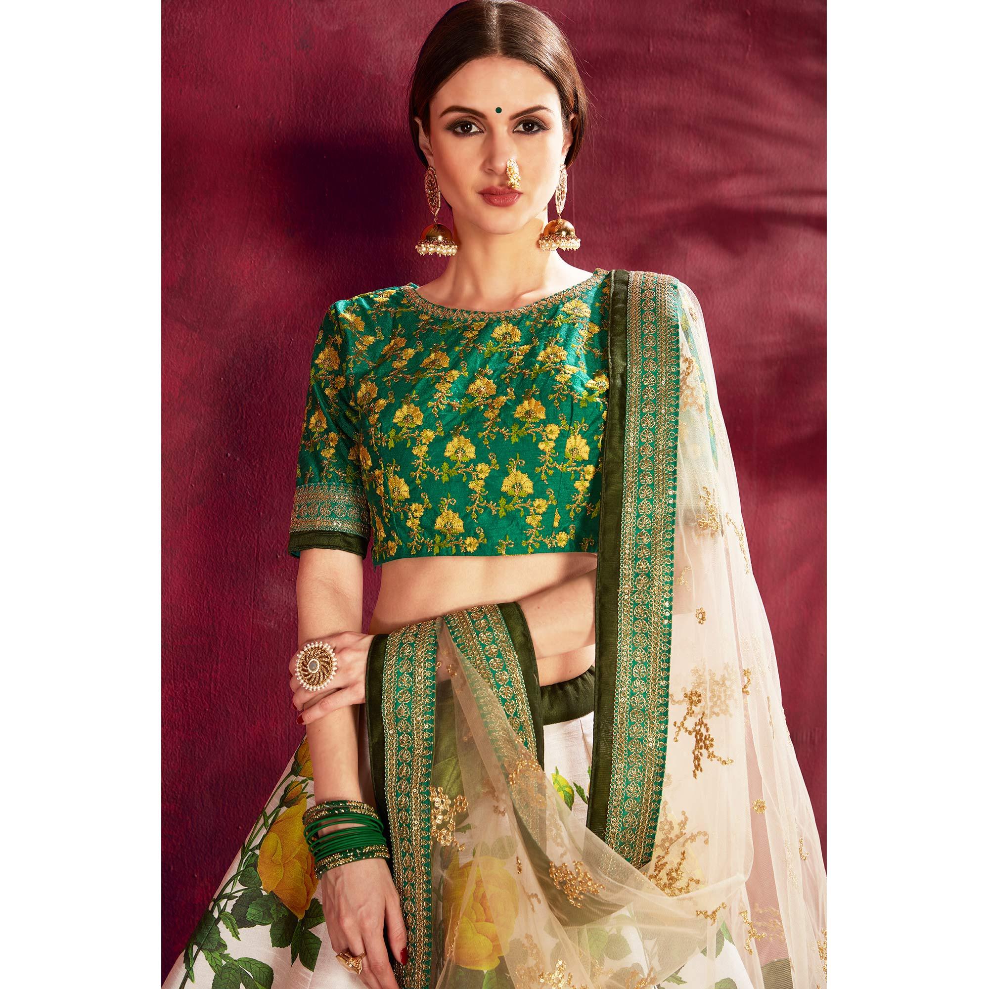 Graceful Off-White Colored Designer Digital Print And Embroidered Banglori Silk Lehenga Choli - Peachmode