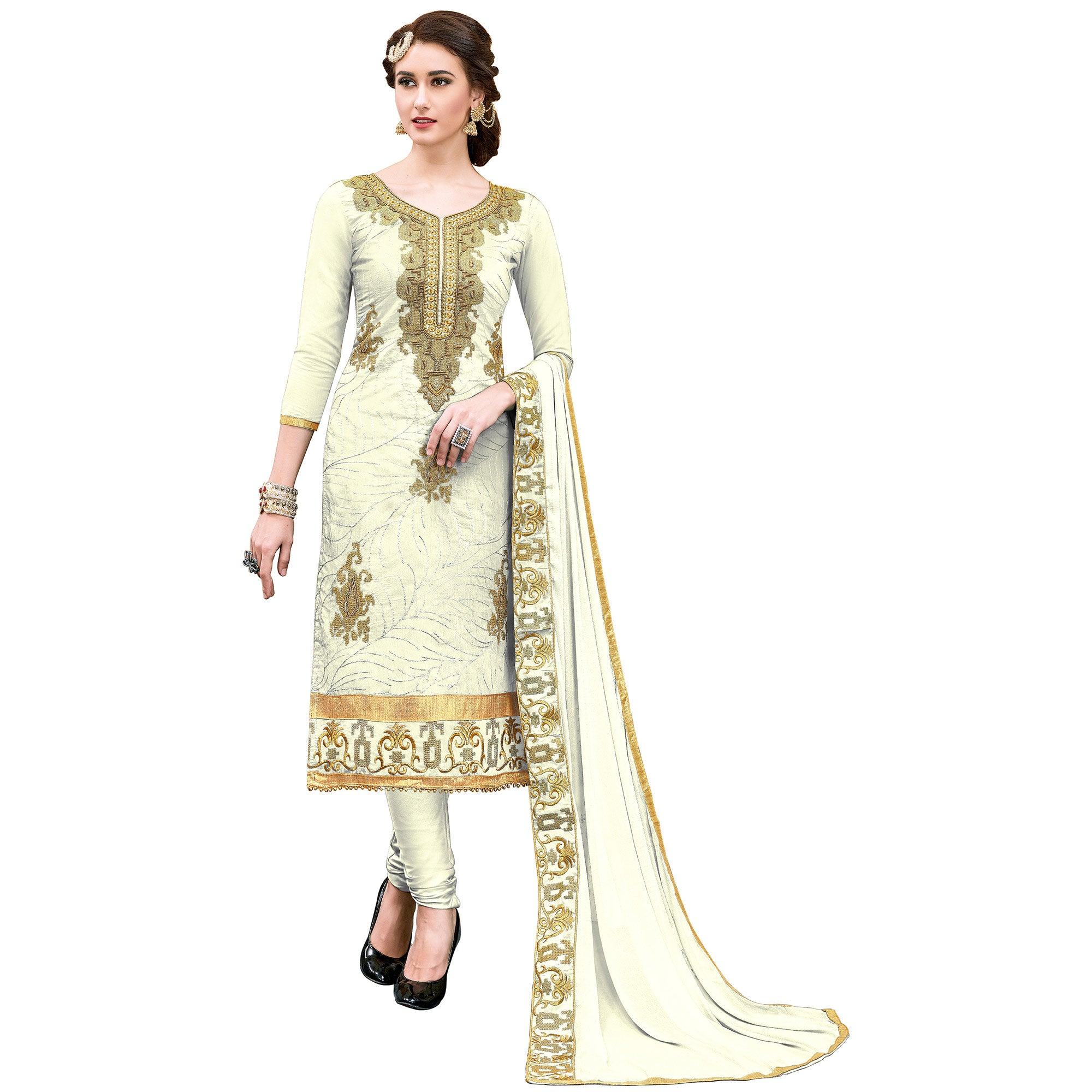 Graceful Off White Colored Party Wear Embroidered Modal Dress Material - Peachmode
