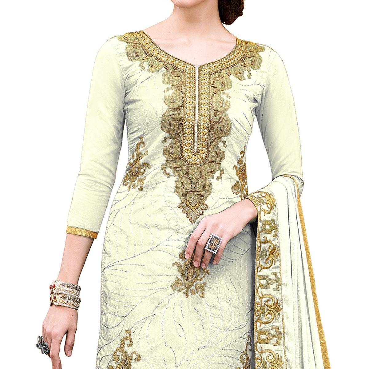 Graceful Off White Colored Party Wear Embroidered Modal Dress Material - Peachmode