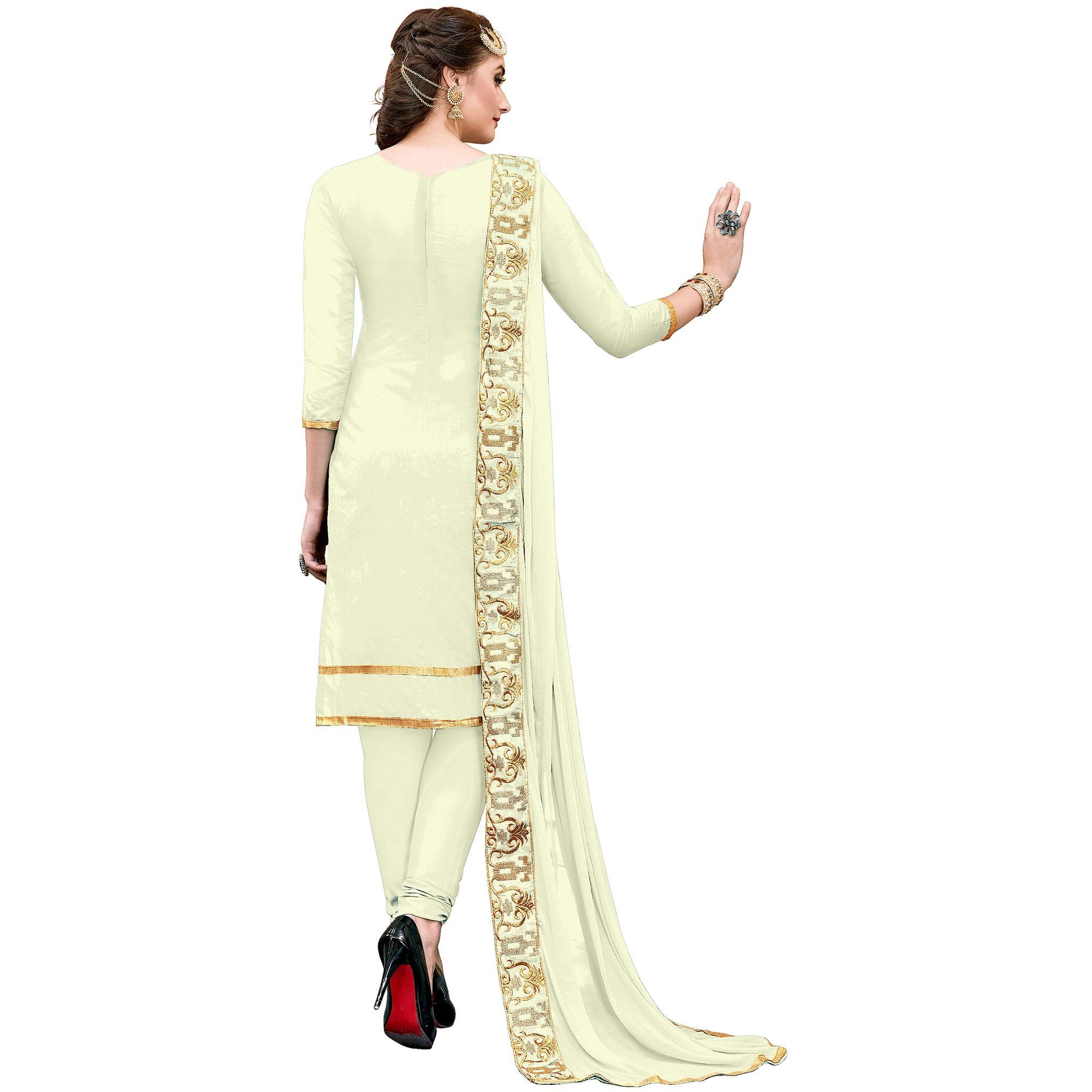 Graceful Off White Colored Party Wear Embroidered Modal Dress Material - Peachmode