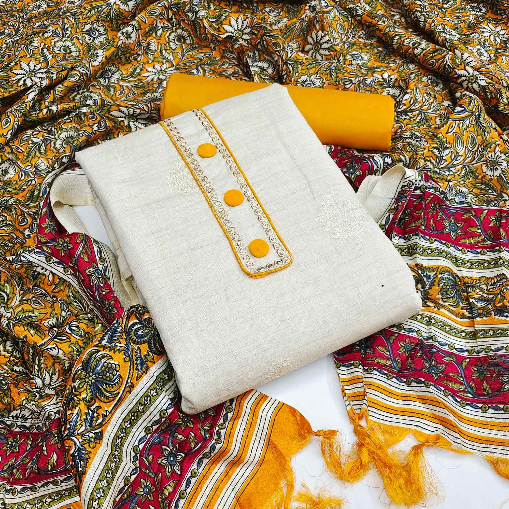 Graceful Off White-Yellow Colored Casual Embroidered Cotton Dress Material - Peachmode
