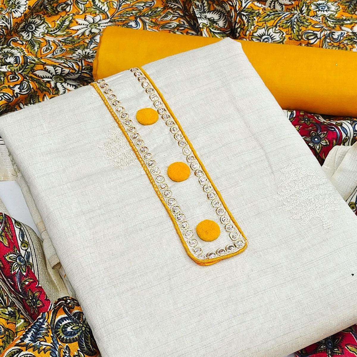 Graceful Off White-Yellow Colored Casual Embroidered Cotton Dress Material - Peachmode