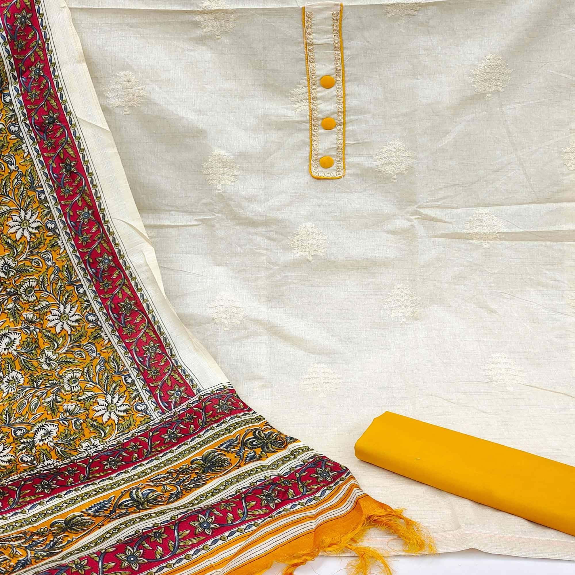 Graceful Off White-Yellow Colored Casual Embroidered Cotton Dress Material - Peachmode