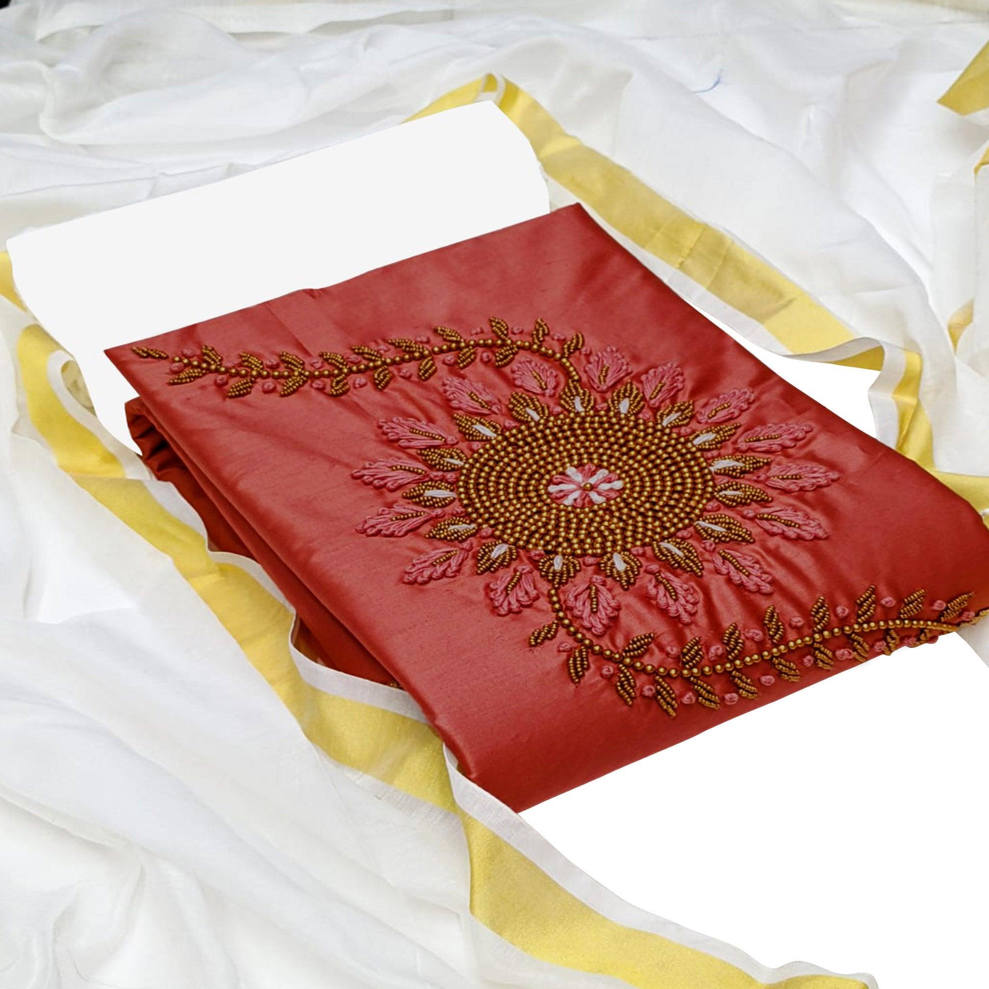 Graceful Orange Colored Casual Wear Embroidered Cotton Dress Material - Peachmode