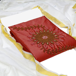 Graceful Orange Colored Casual Wear Embroidered Cotton Dress Material - Peachmode