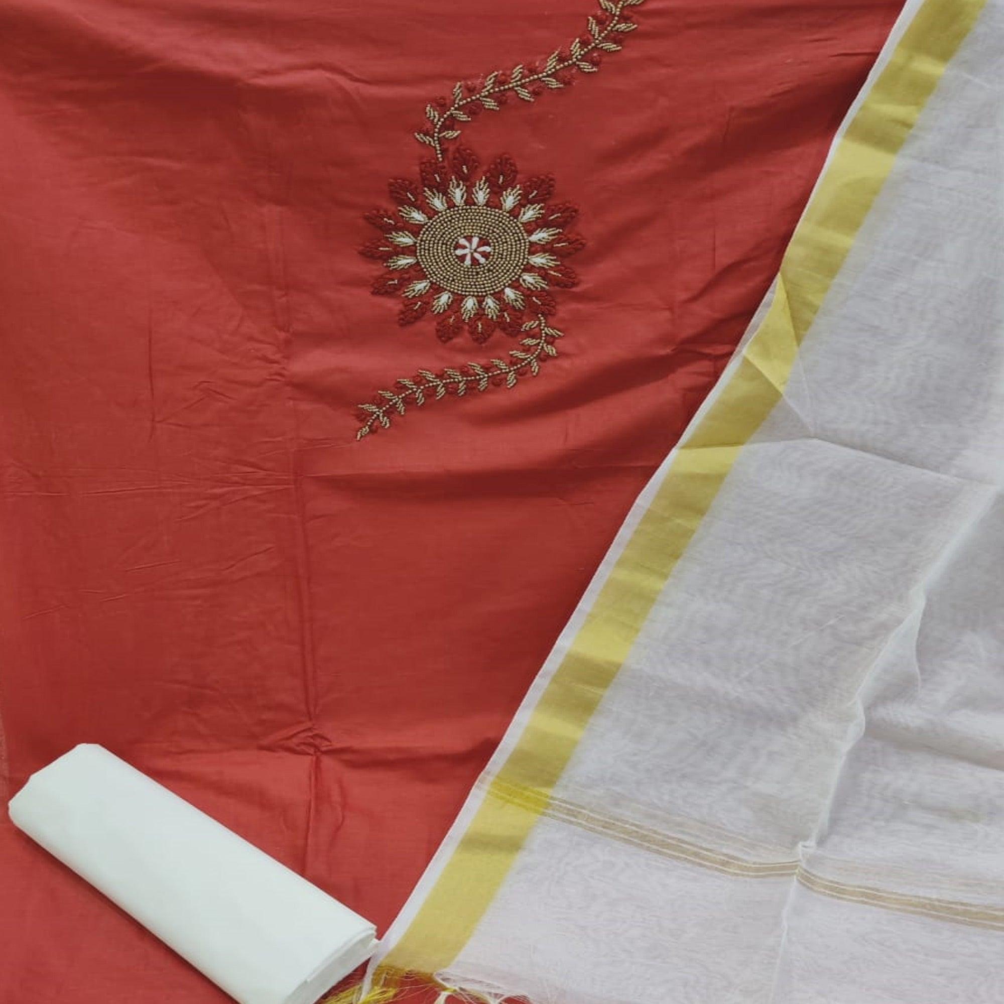 Graceful Orange Colored Casual Wear Embroidered Cotton Dress Material - Peachmode