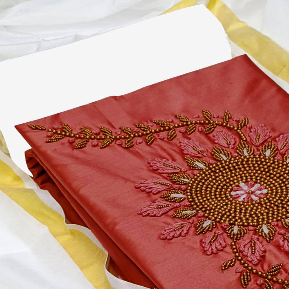 Graceful Orange Colored Casual Wear Embroidered Cotton Dress Material - Peachmode