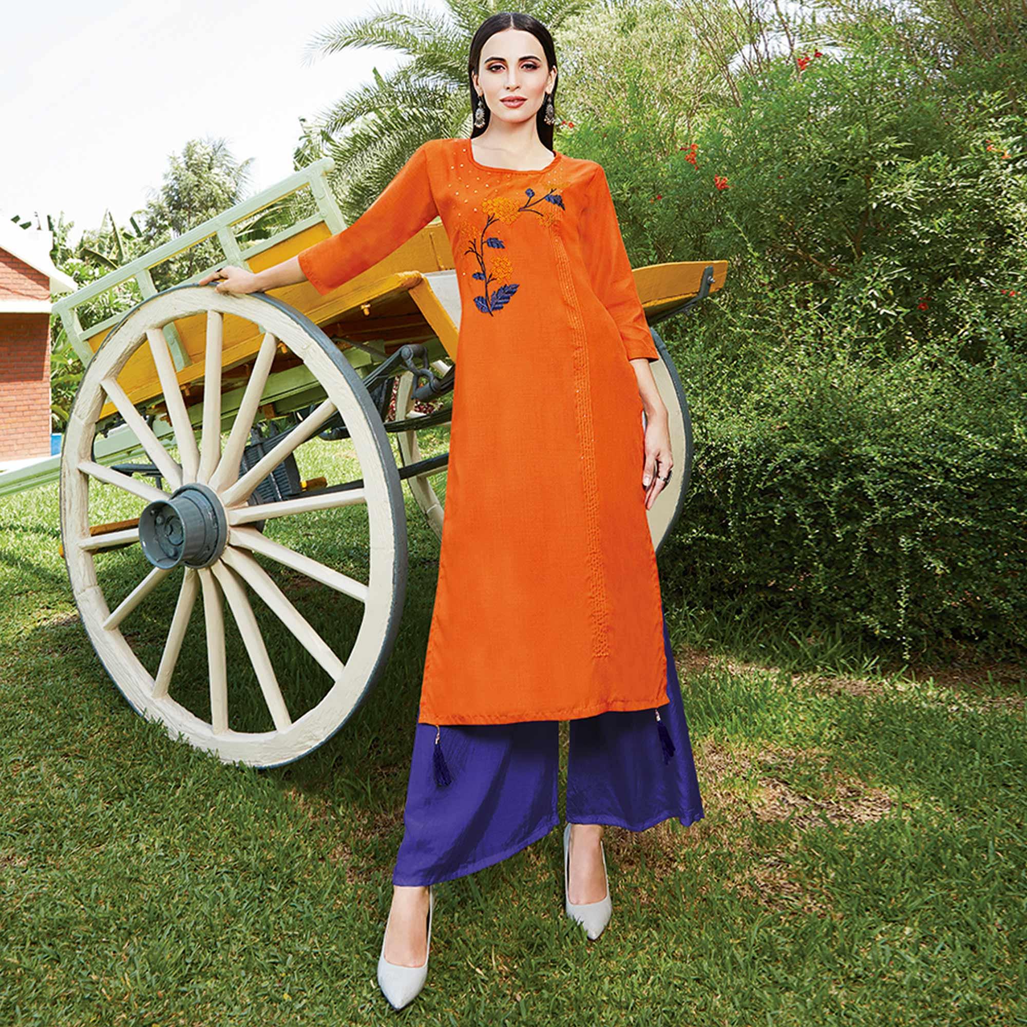 Graceful Orange Colored Casual Wear Embroidered Cotton Sulb Kurti - Peachmode