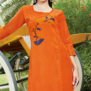 Graceful Orange Colored Casual Wear Embroidered Cotton Sulb Kurti - Peachmode