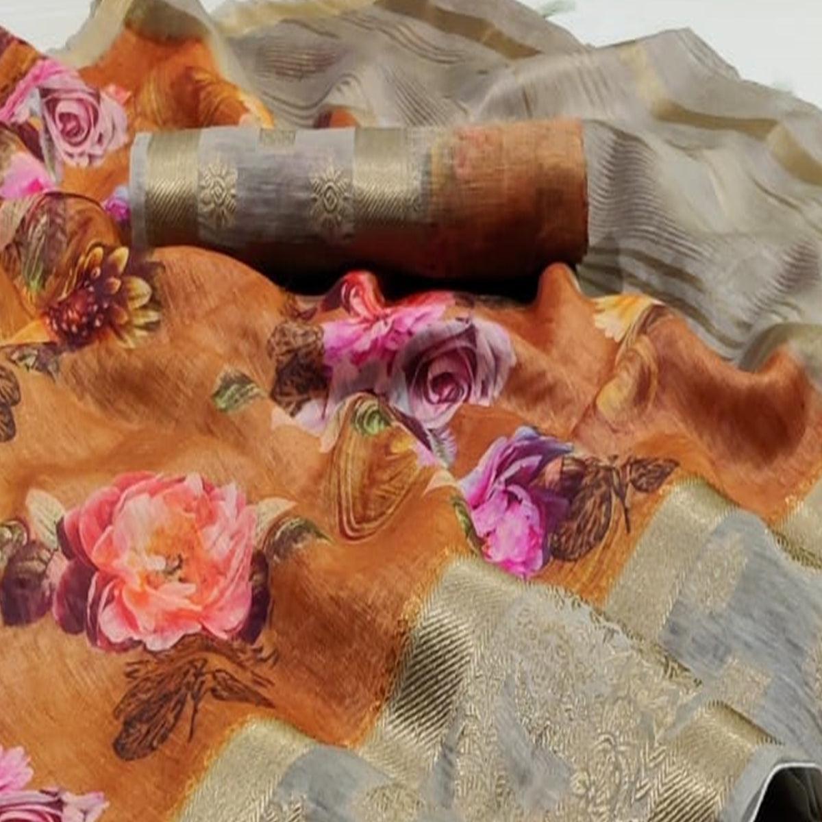Graceful Orange Colored Festive Wear Woven Banarasi Silk Saree - Peachmode