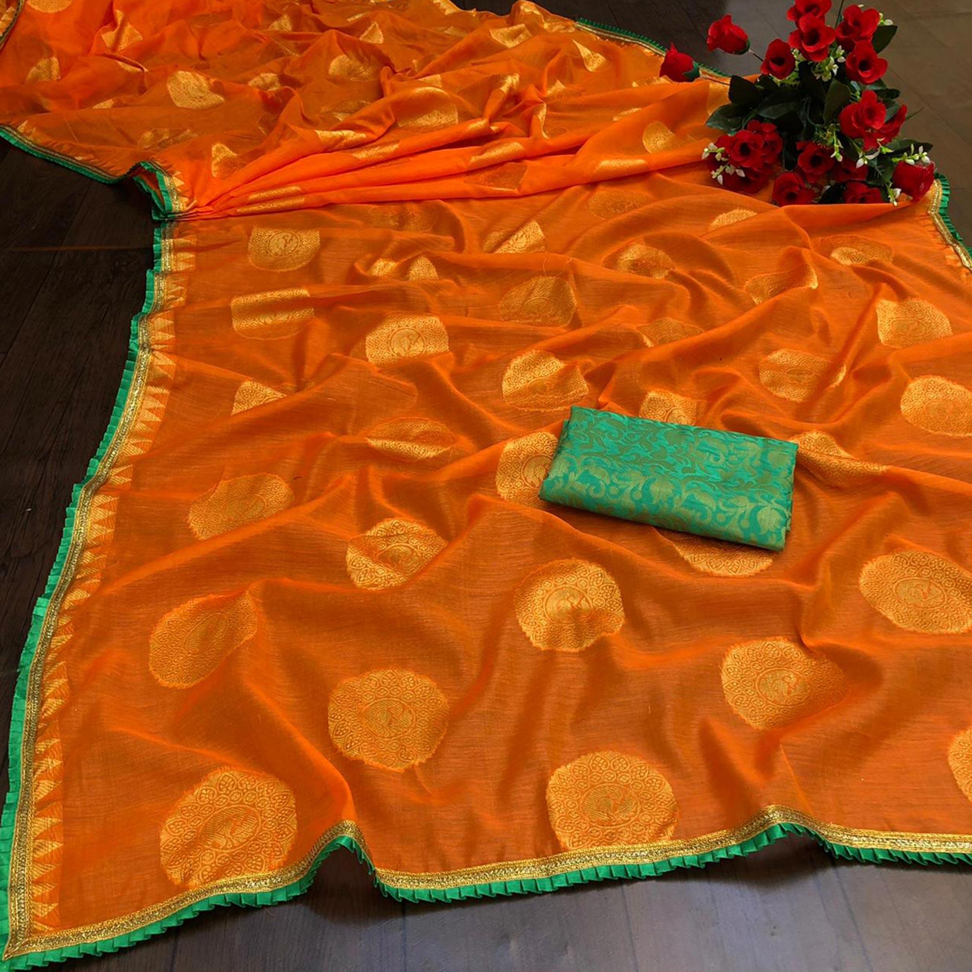 Graceful Orange Colored Festive Wear Woven Cotton Saree - Peachmode