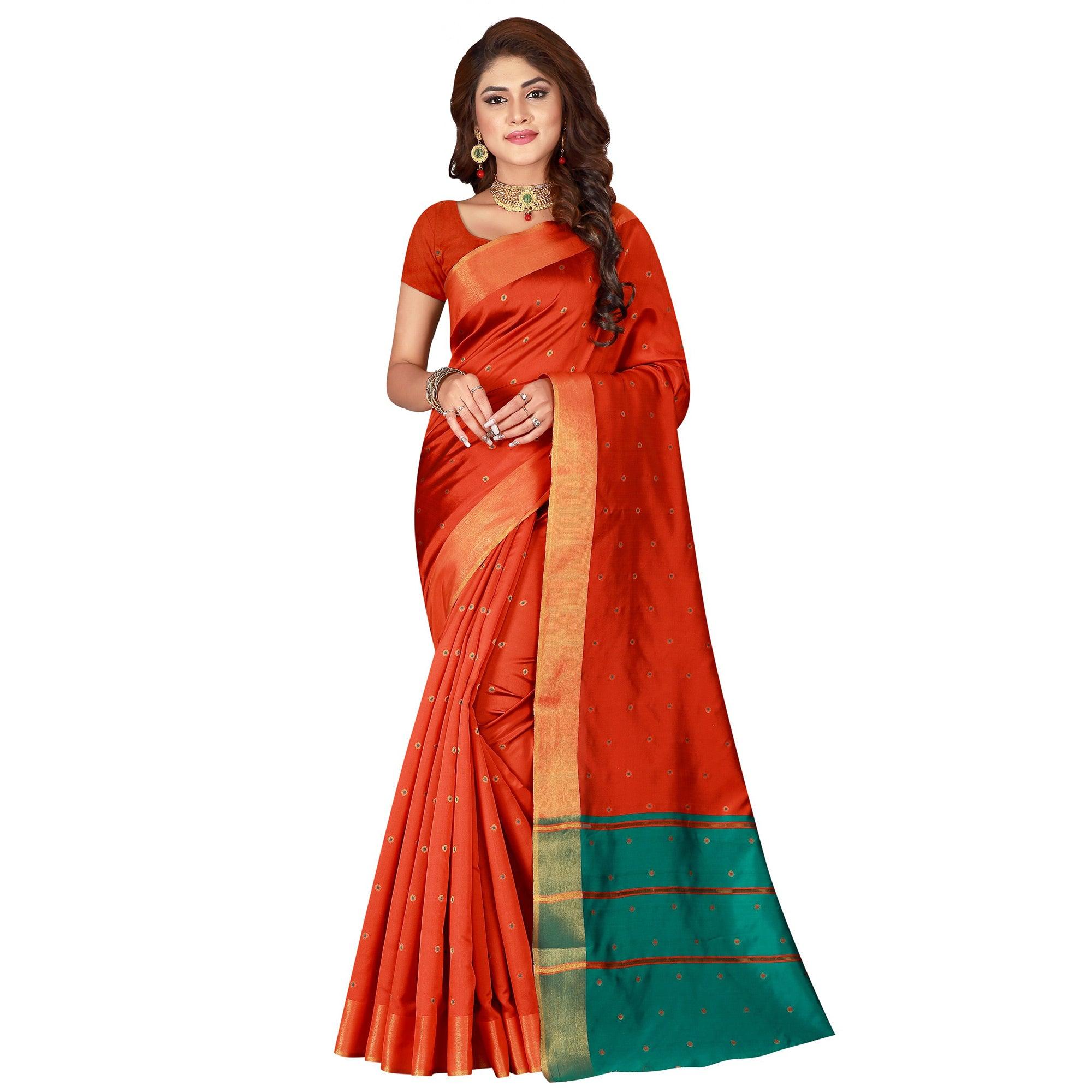 Graceful Orange Colored Festive Wear Woven Cotton Silk Saree - Peachmode