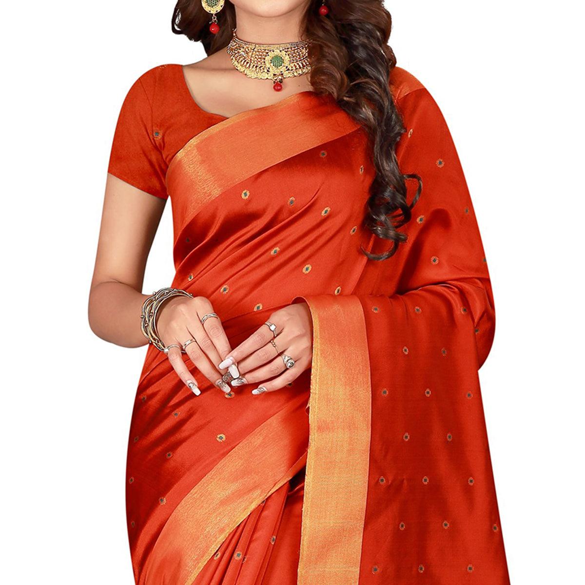Graceful Orange Colored Festive Wear Woven Cotton Silk Saree - Peachmode