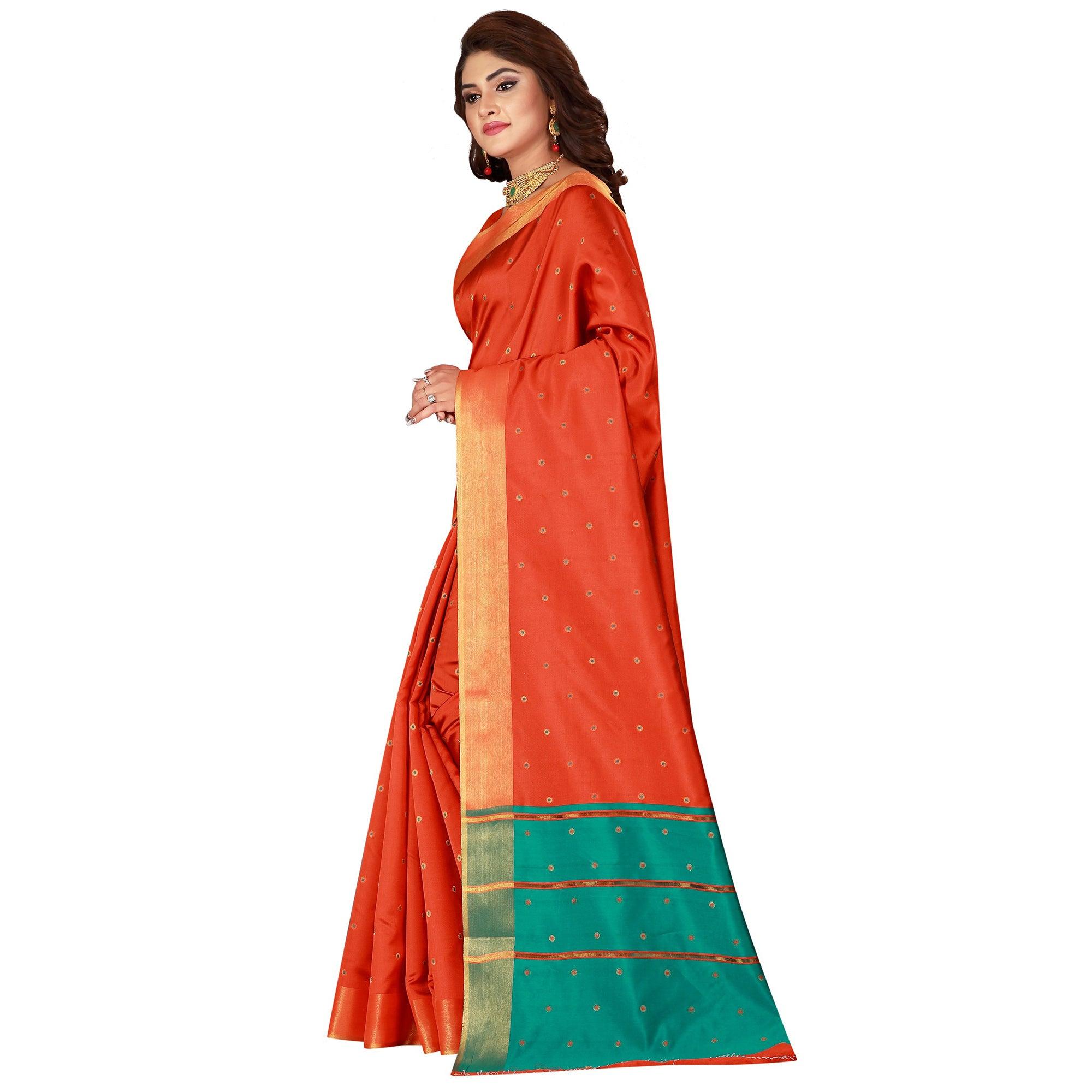 Graceful Orange Colored Festive Wear Woven Cotton Silk Saree - Peachmode
