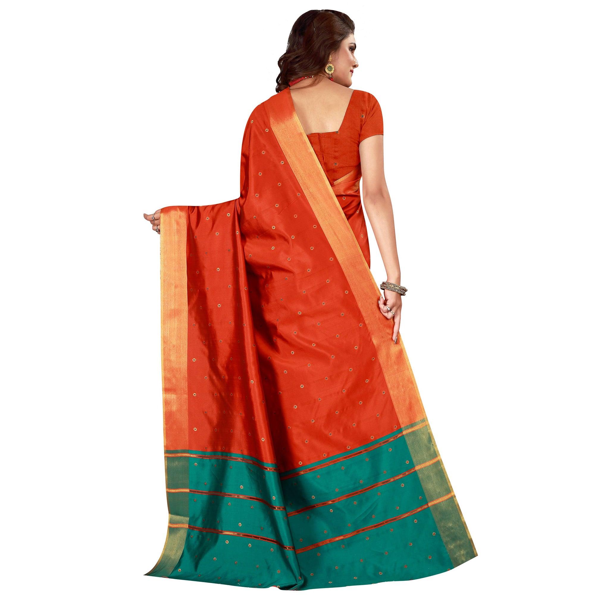 Graceful Orange Colored Festive Wear Woven Cotton Silk Saree - Peachmode