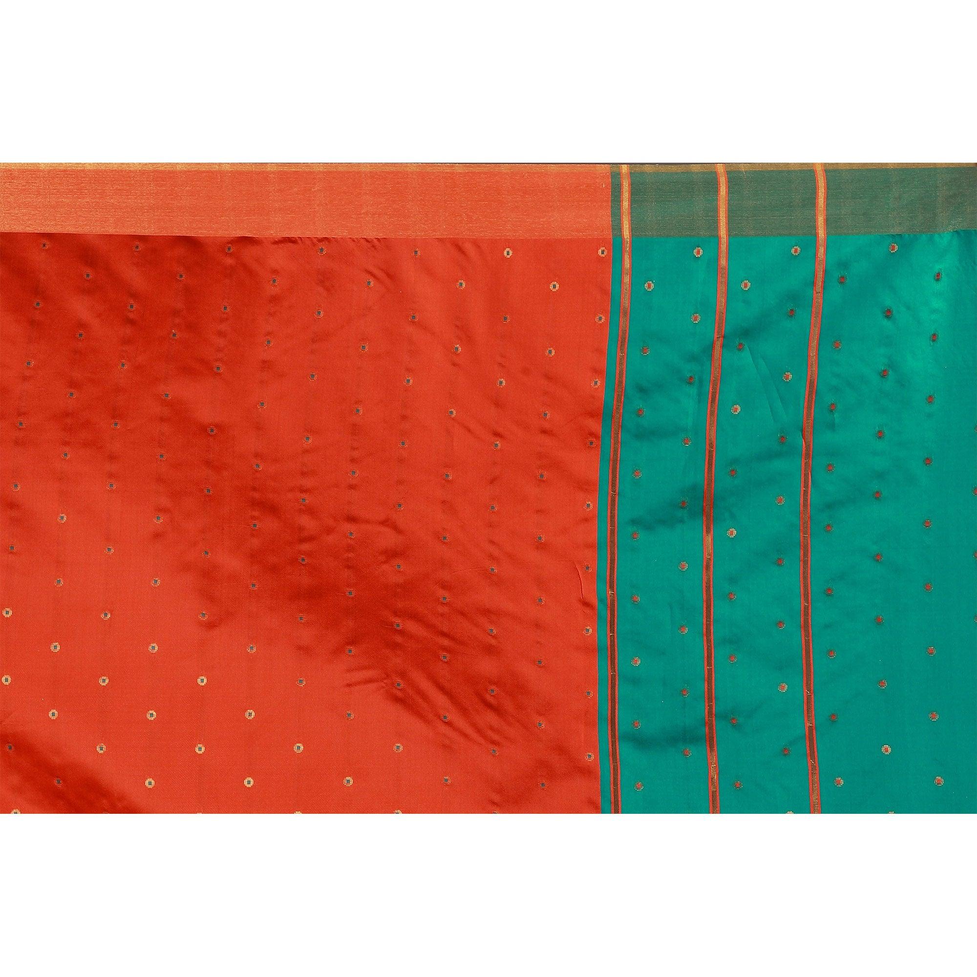 Graceful Orange Colored Festive Wear Woven Cotton Silk Saree - Peachmode