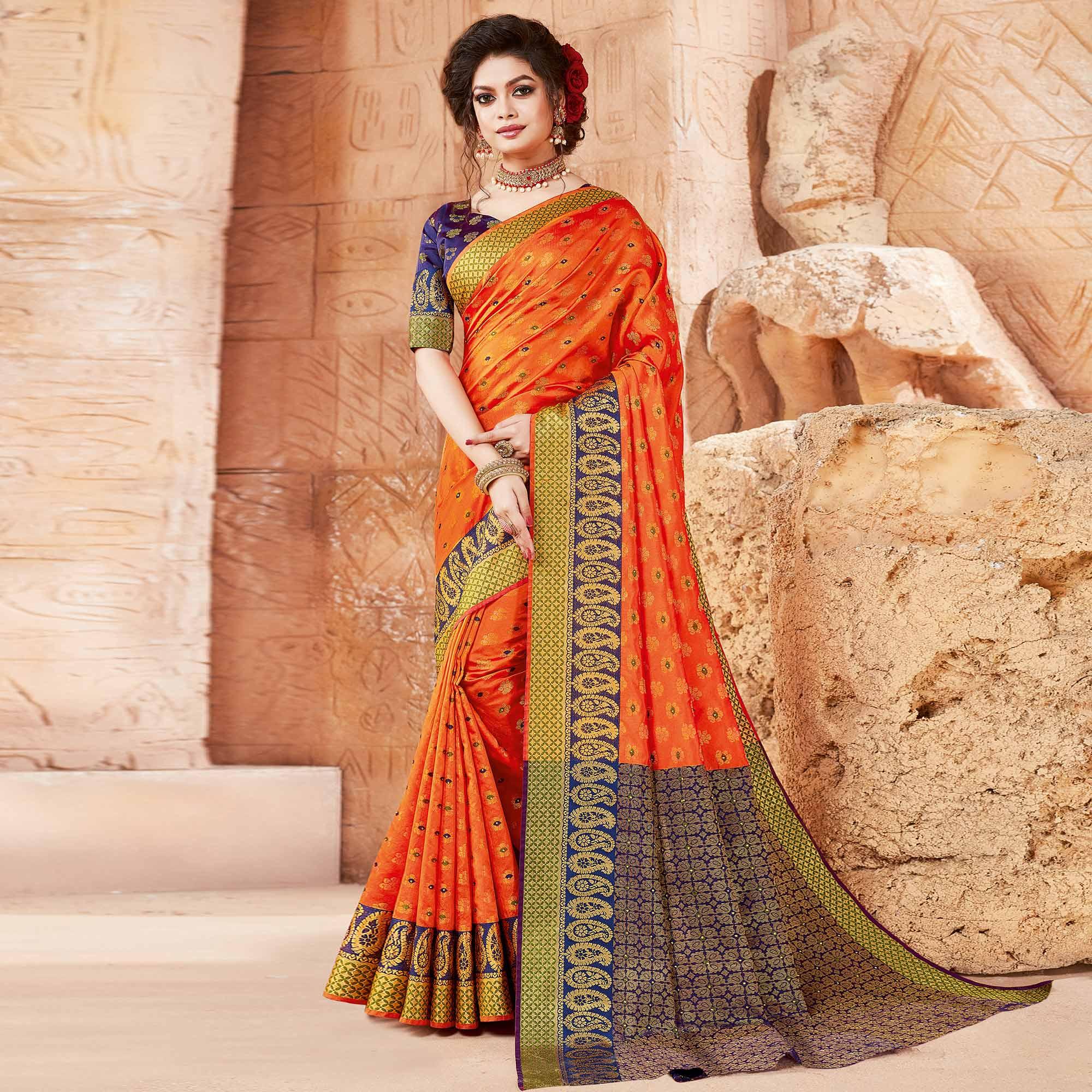 Graceful Orange Colored Festive Wear Woven Handloom Silk Saree - Peachmode