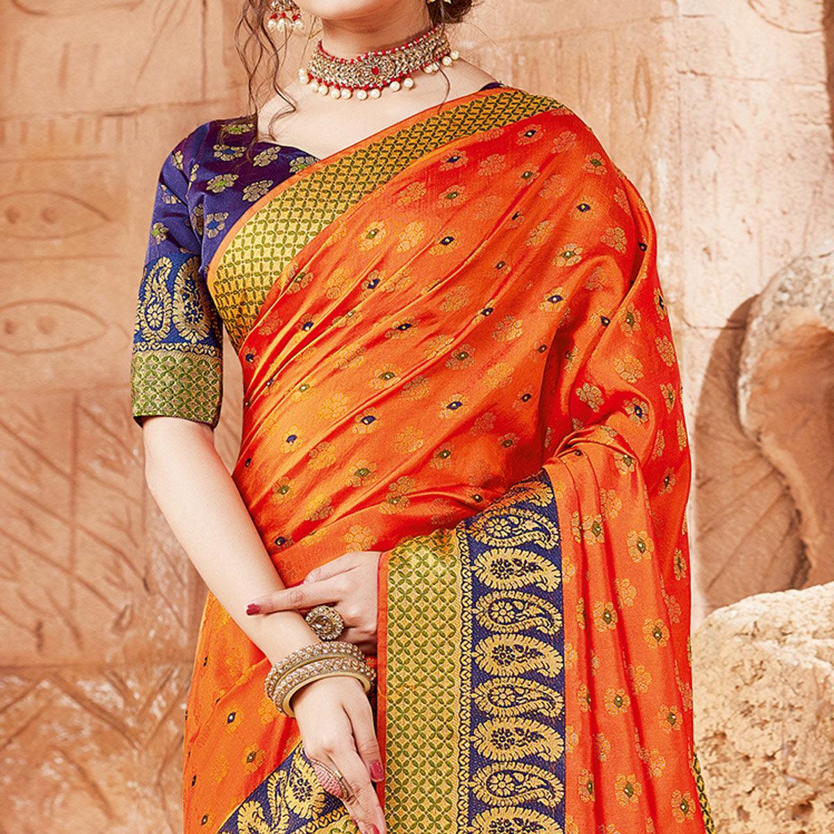 Graceful Orange Colored Festive Wear Woven Handloom Silk Saree - Peachmode
