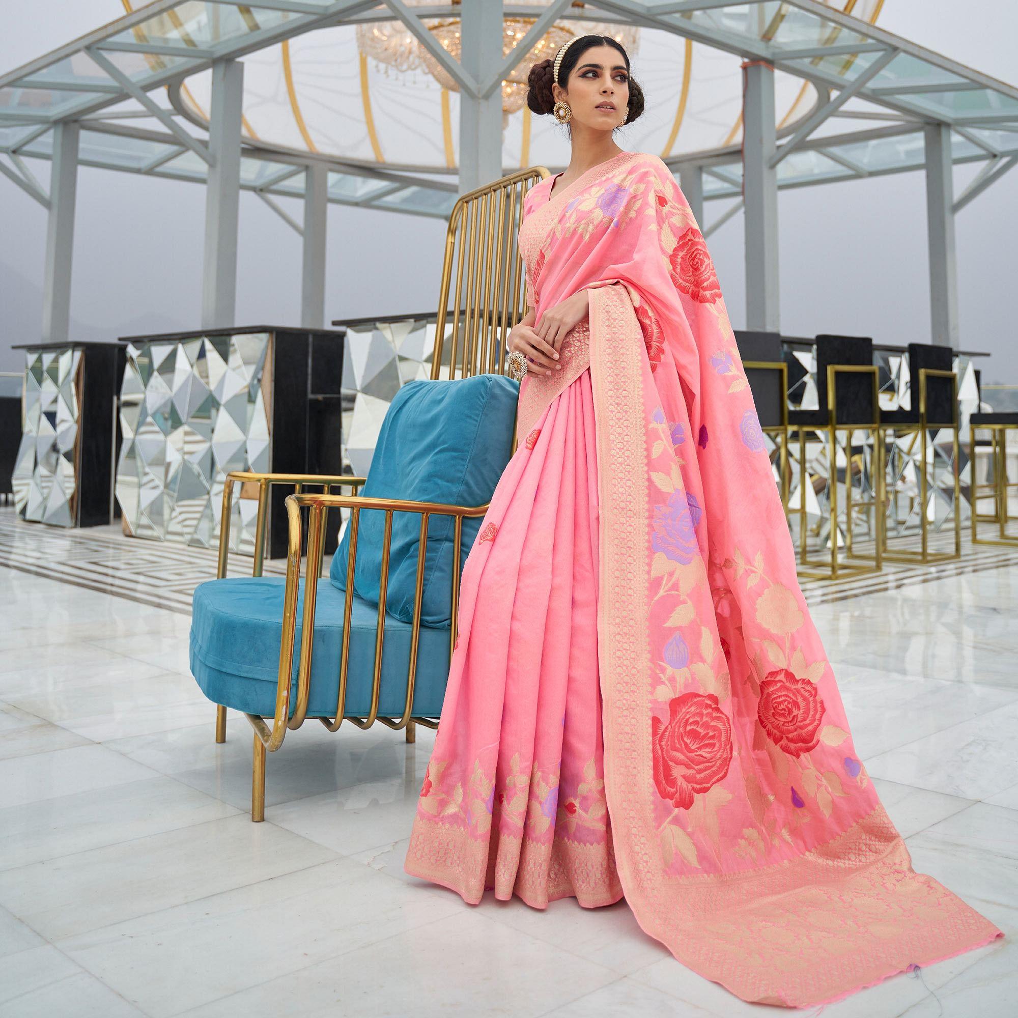 Graceful Peach Colored Festive Wear Printed Dola Weaving Art Silk Saree - Peachmode