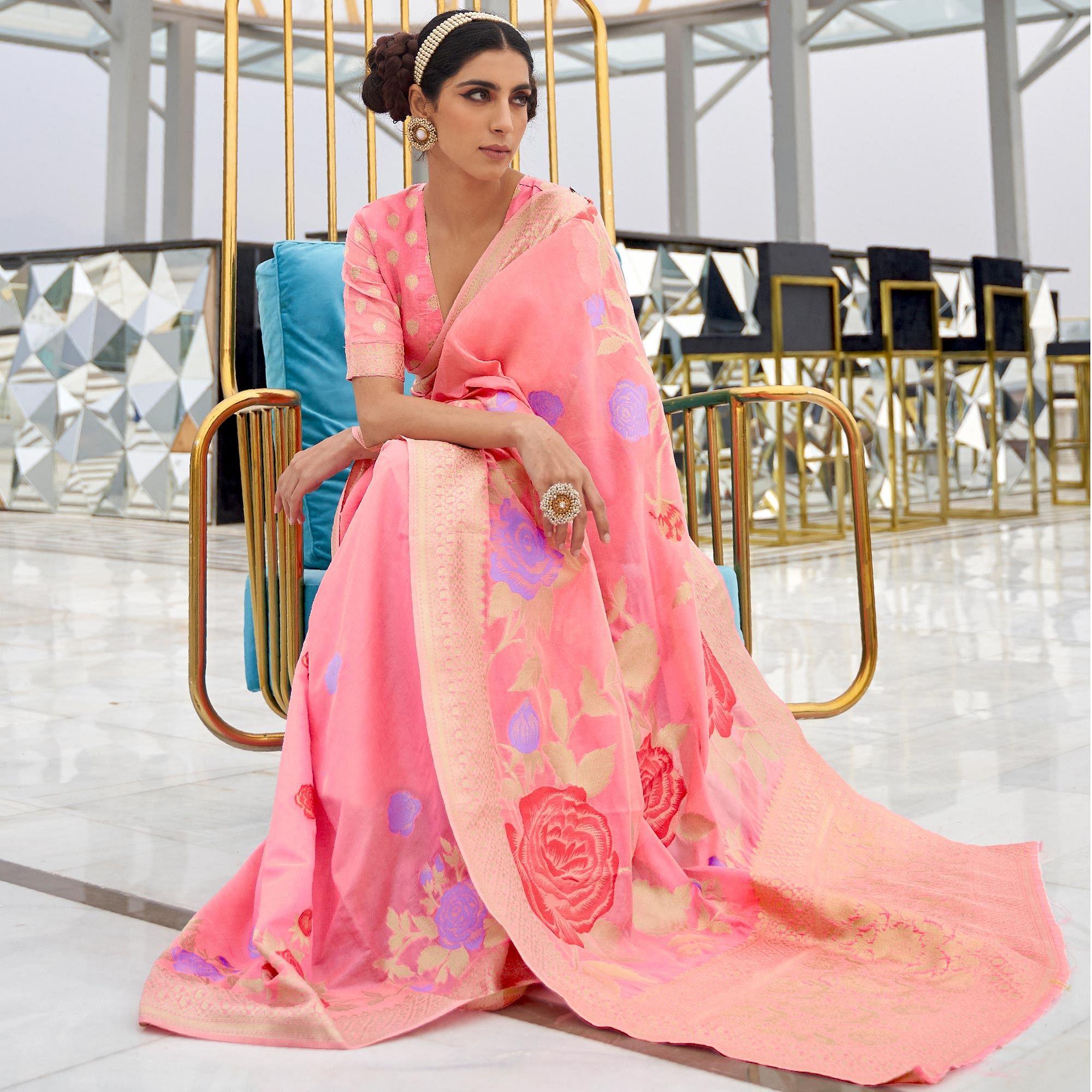 Graceful Peach Colored Festive Wear Printed Dola Weaving Art Silk Saree - Peachmode