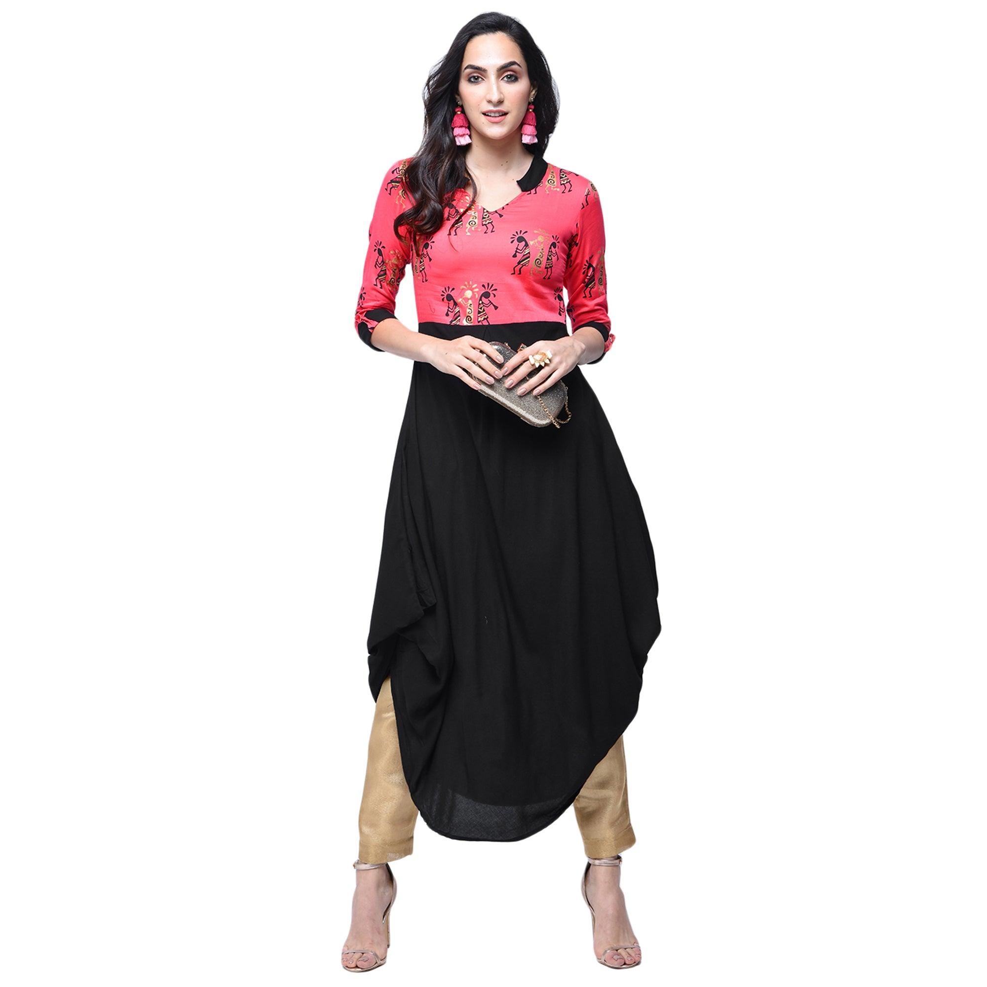Graceful Pink-Black Colored Partywear Printed Rayon Kurti - Peachmode