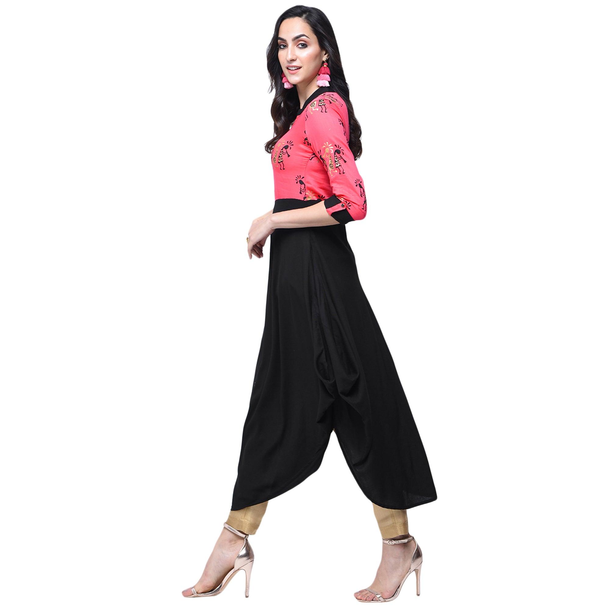 Graceful Pink-Black Colored Partywear Printed Rayon Kurti - Peachmode