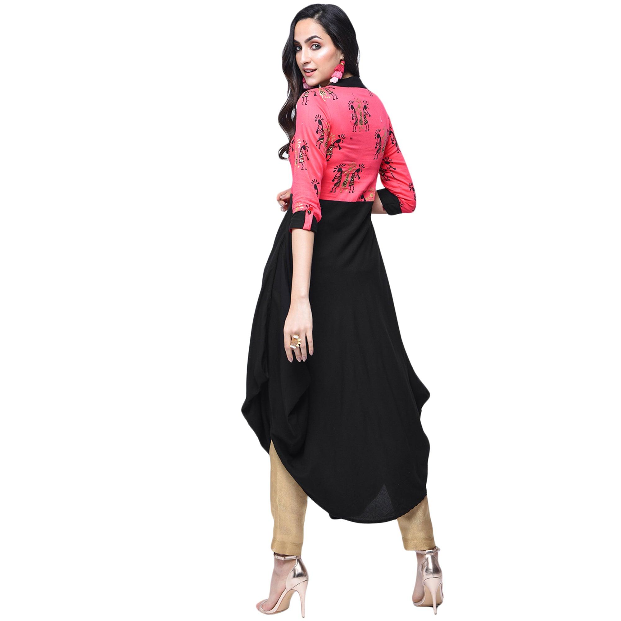 Graceful Pink-Black Colored Partywear Printed Rayon Kurti - Peachmode