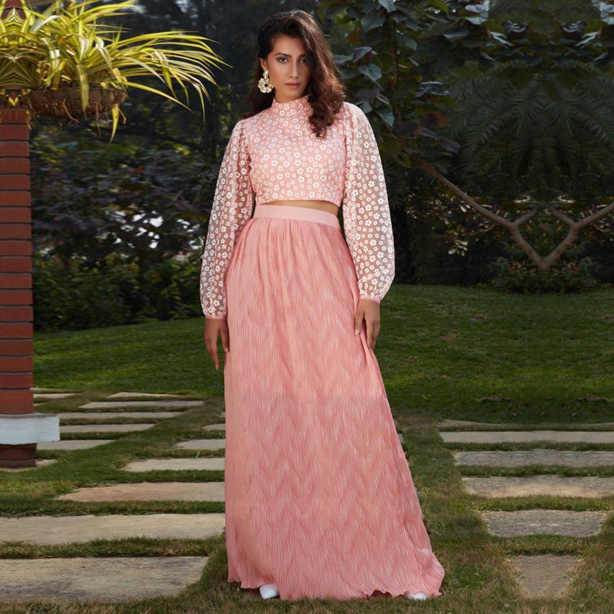 Graceful Pink Colored Casual Wear Printed Western Crop Top - Skirt Set - Peachmode