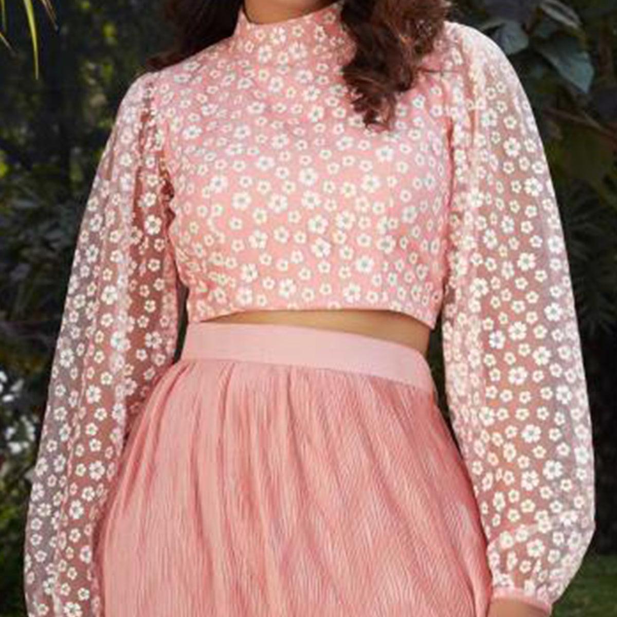 Graceful Pink Colored Casual Wear Printed Western Crop Top - Skirt Set - Peachmode