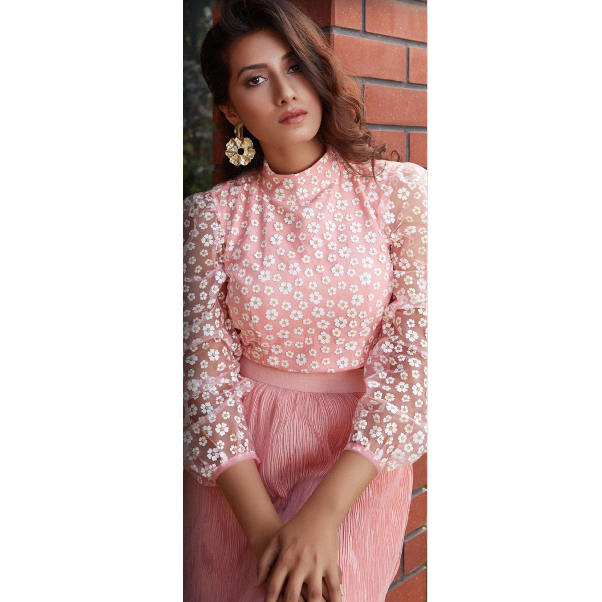 Graceful Pink Colored Casual Wear Printed Western Crop Top - Skirt Set - Peachmode