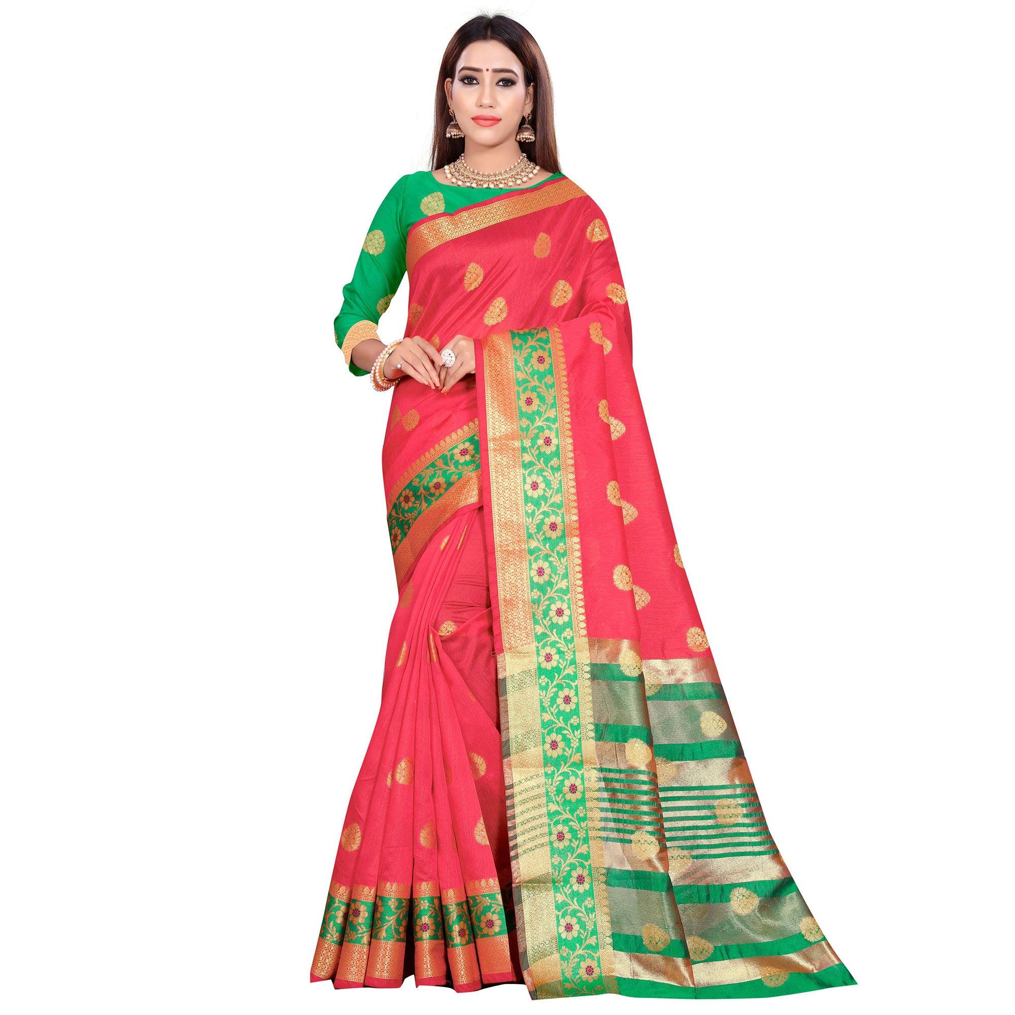 Graceful Pink Colored Festive Wear Woven Art Silk Saree - Peachmode