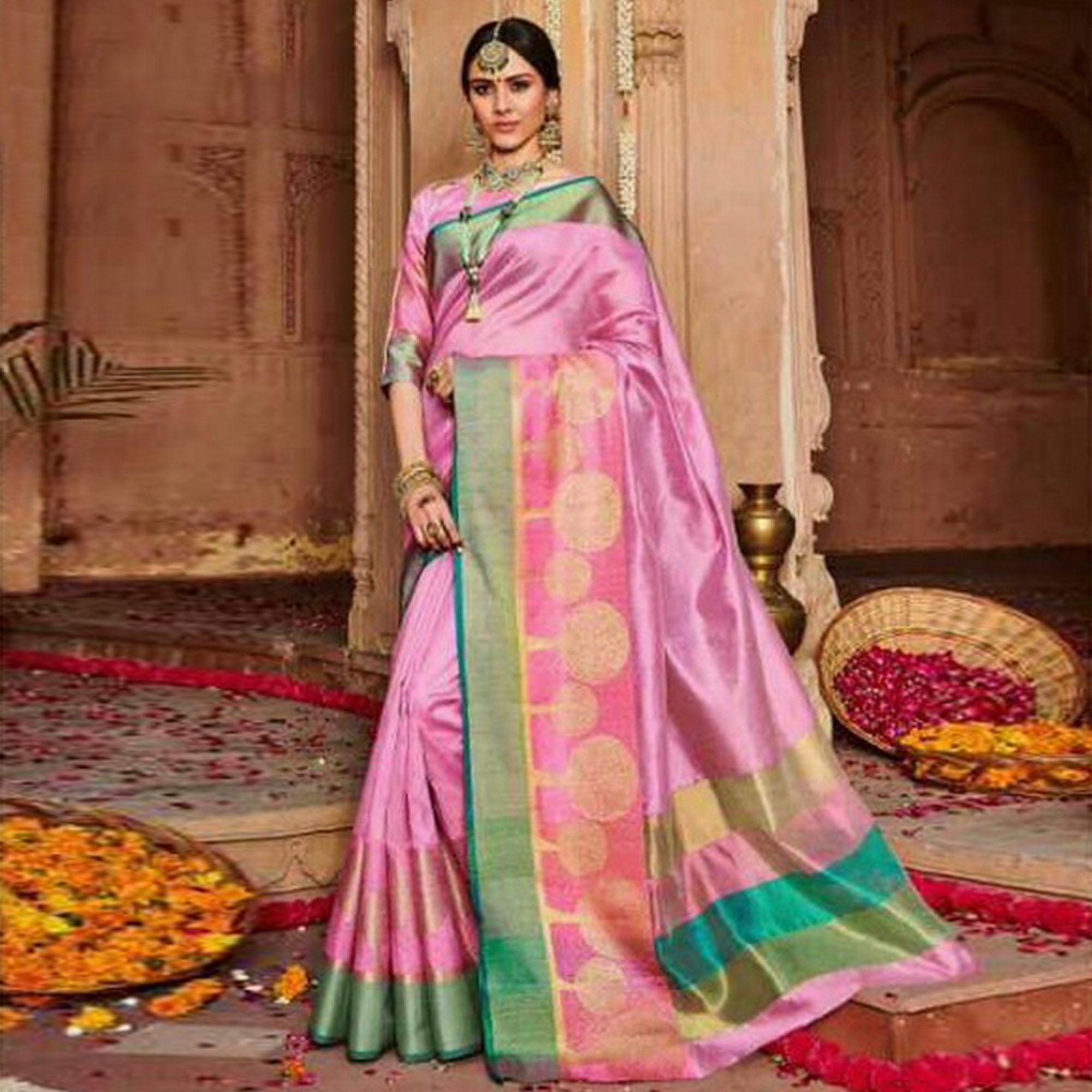 Graceful Pink Colored Festive Wear Woven Art Silk Saree - Peachmode