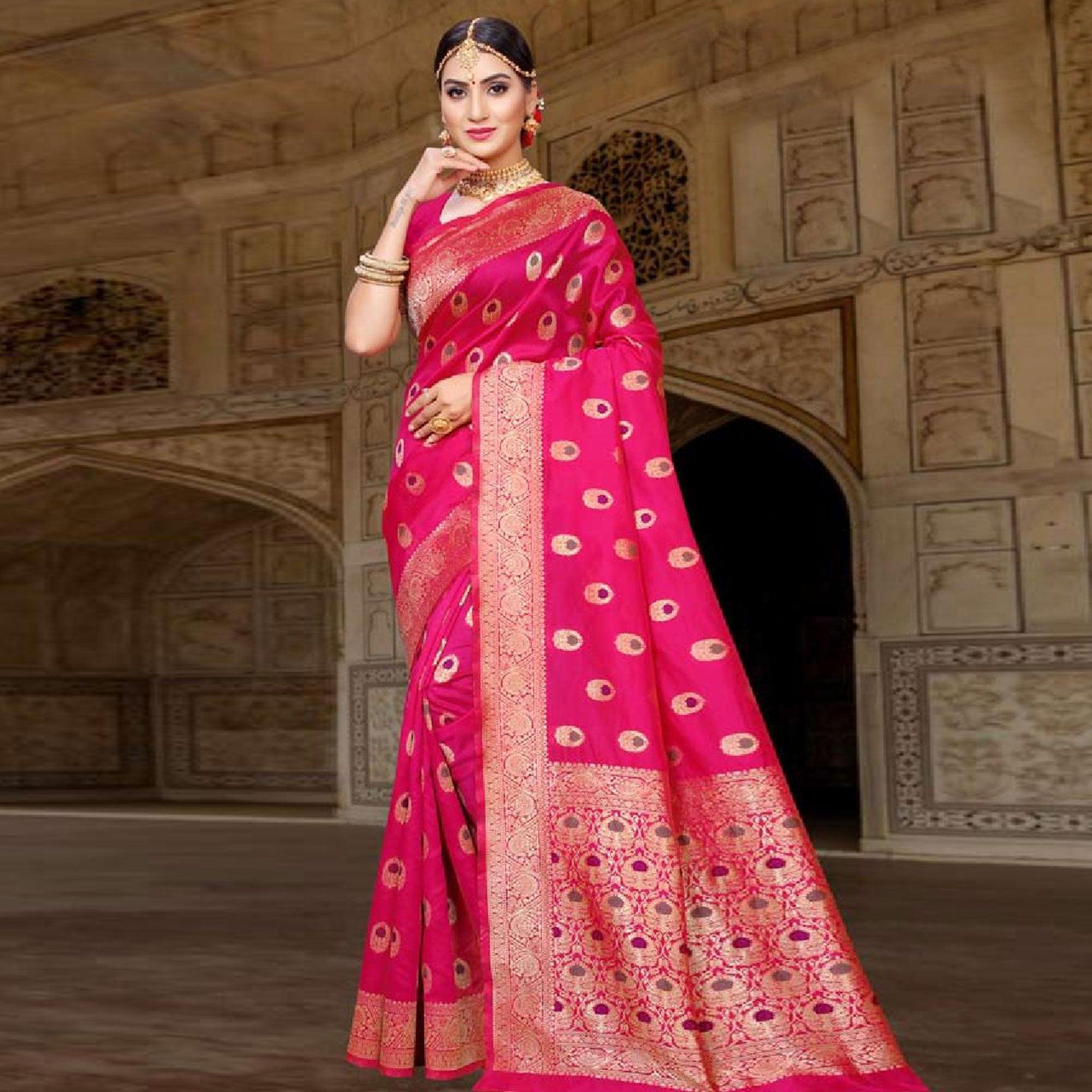 Graceful Pink Colored Festive Wear Woven Art Silk Saree - Peachmode