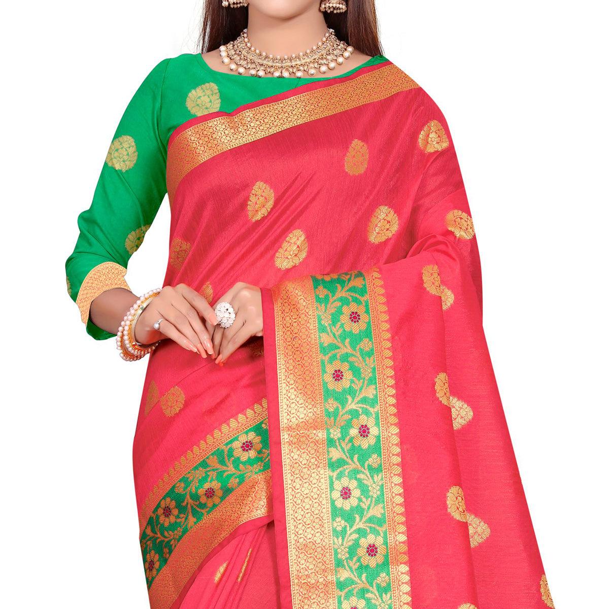 Graceful Pink Colored Festive Wear Woven Art Silk Saree - Peachmode
