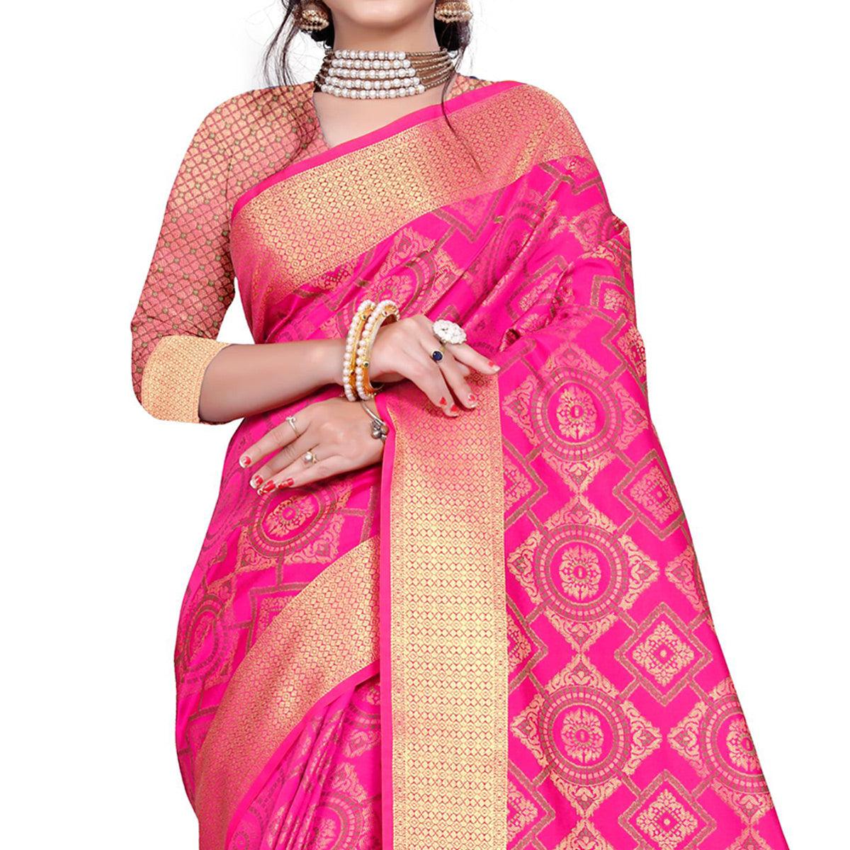 Graceful Pink Colored Festive Wear Woven Banarasi Silk Saree - Peachmode