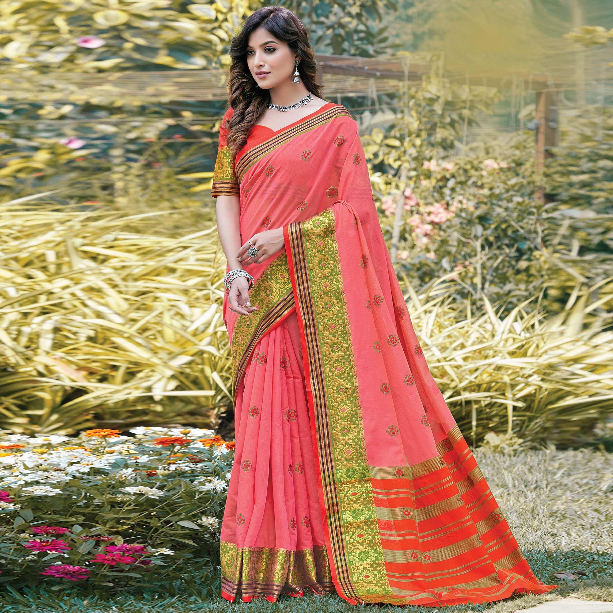 Graceful Pink Colored Festive Wear Woven Cotton Saree - Peachmode