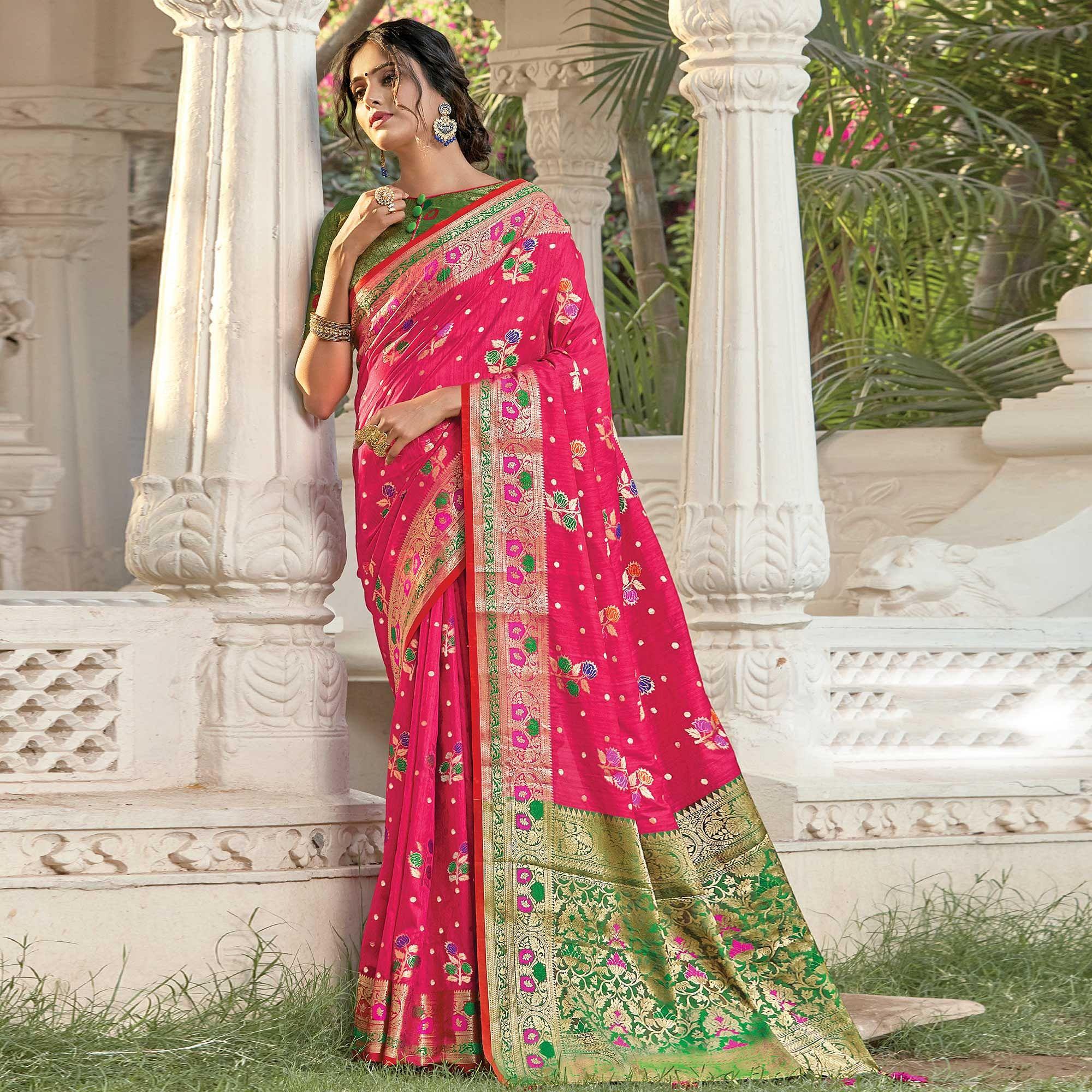 Graceful Pink Colored Festive Wear Woven Silk Saree - Peachmode