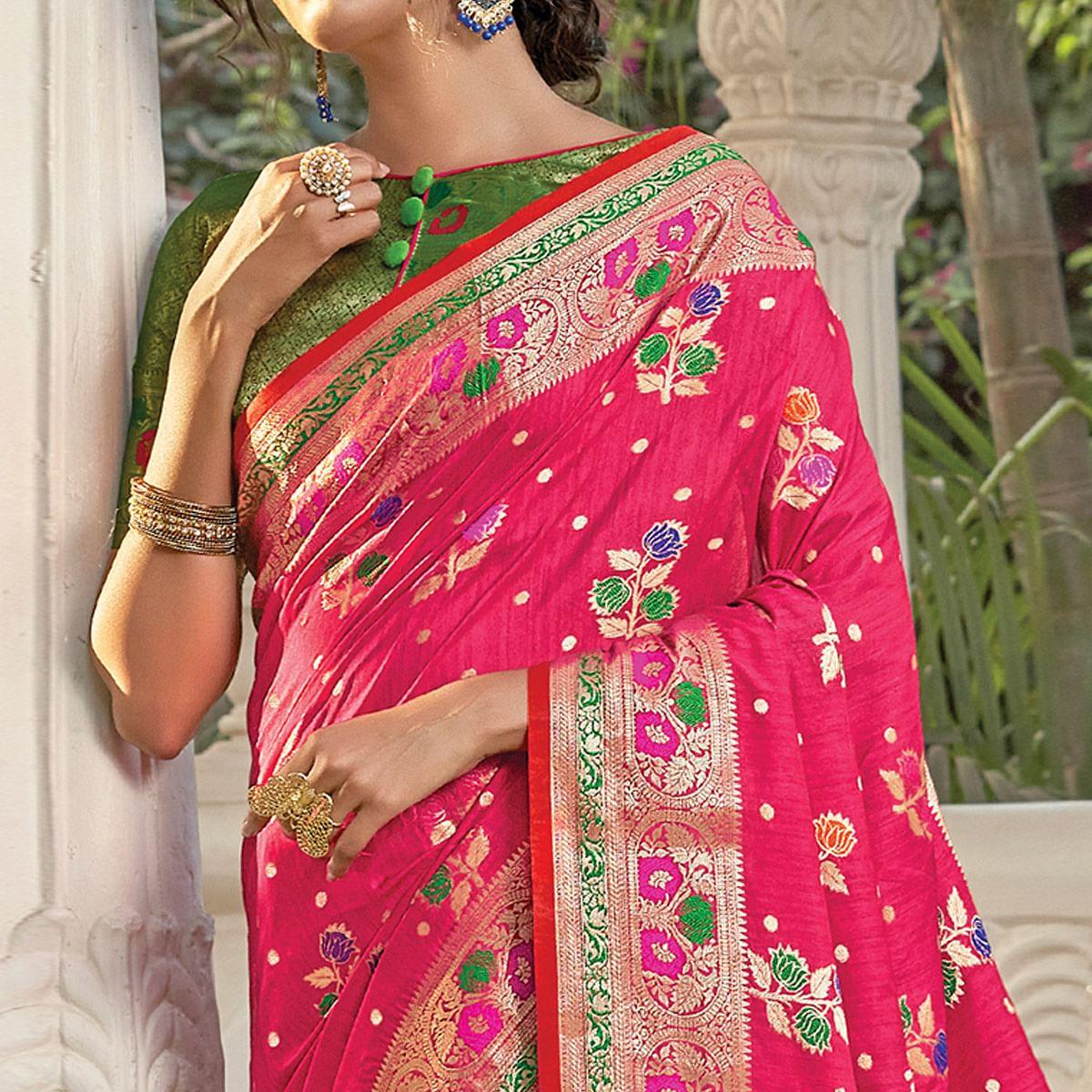 Graceful Pink Colored Festive Wear Woven Silk Saree - Peachmode