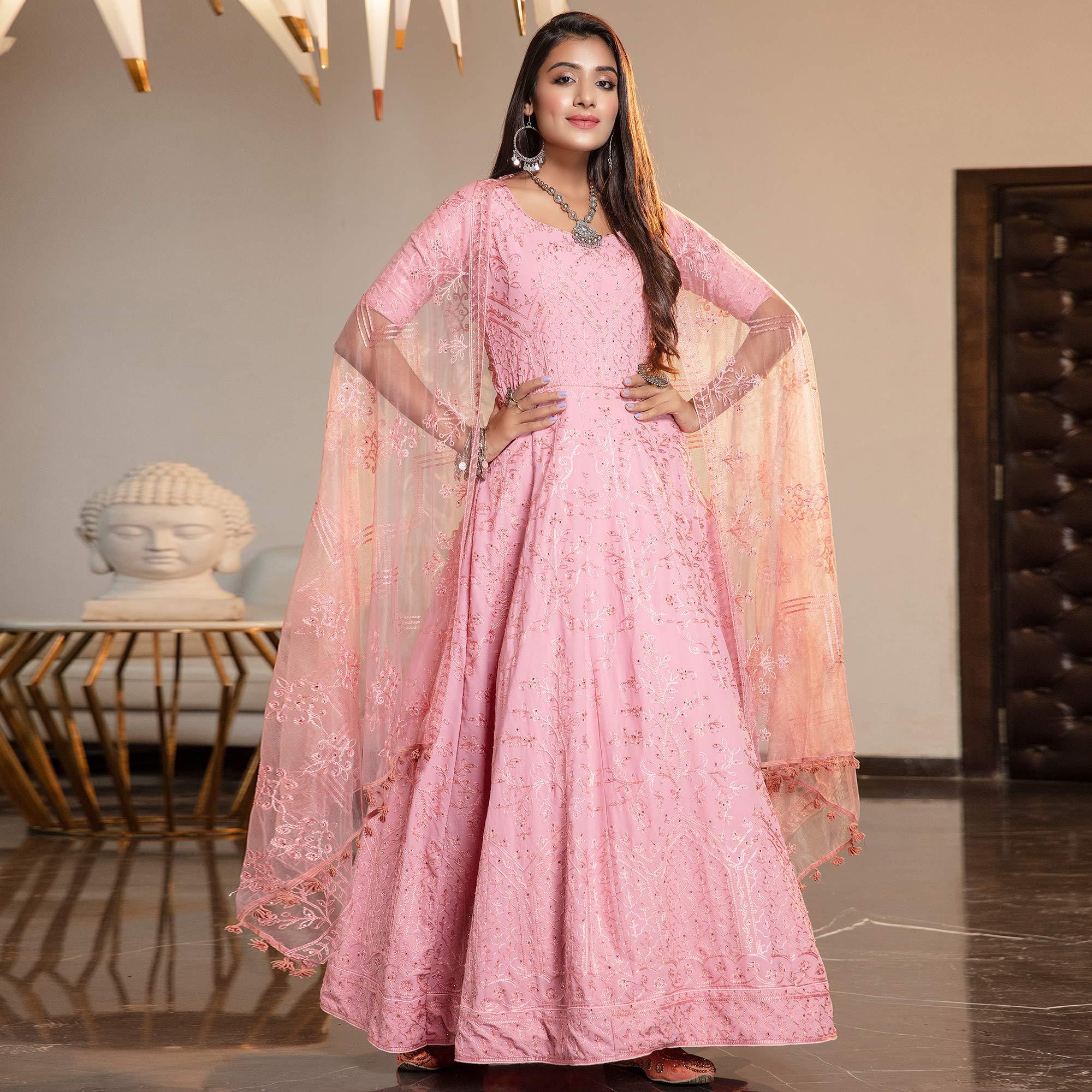 Graceful Pink Colored Partywear Embroidered Georgette Anarkali Suit - Peachmode