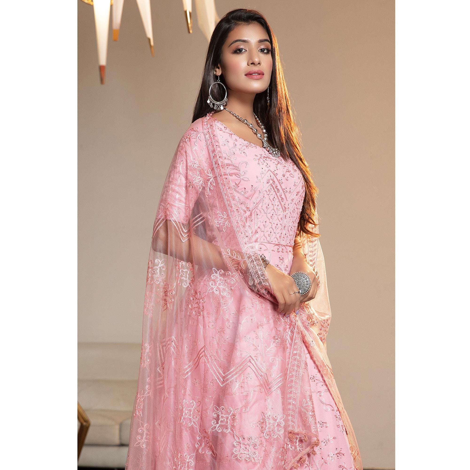 Graceful Pink Colored Partywear Embroidered Georgette Anarkali Suit - Peachmode