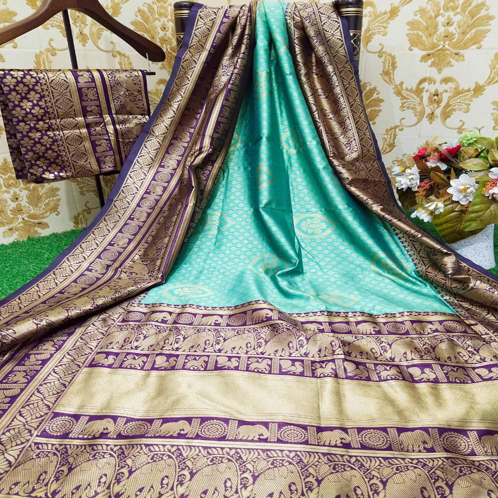 Graceful Pista Green Colored Festive Wear Woven Soft Lichi Silk Saree - Peachmode