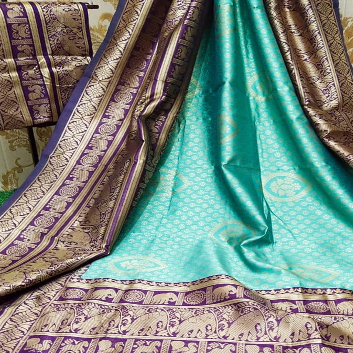 Graceful Pista Green Colored Festive Wear Woven Soft Lichi Silk Saree - Peachmode