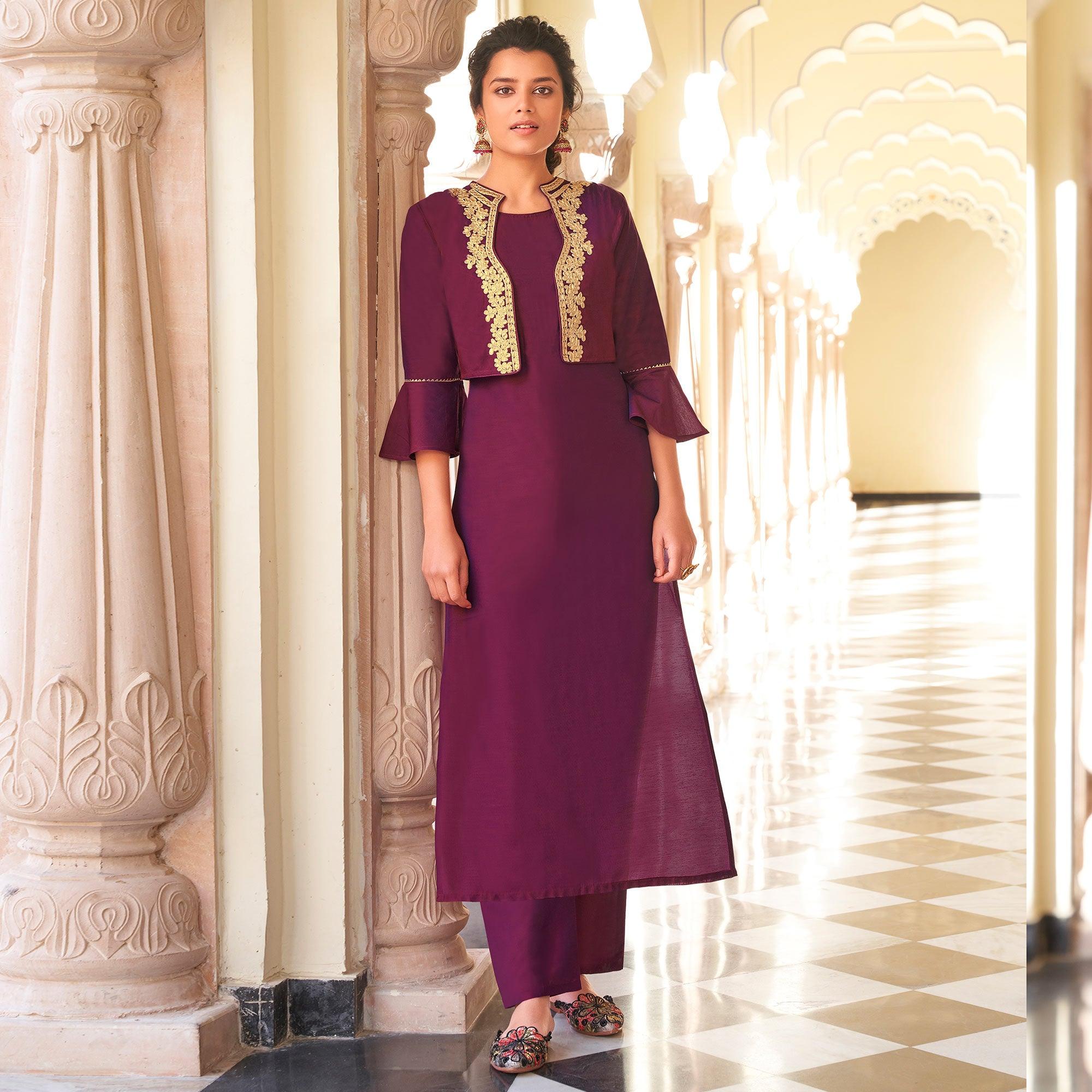 Graceful Purple Colored Partywear Embroidered Pure Viscose Santoori Kurti - Palazzo Set - Peachmode