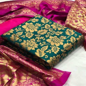 Graceful Rama Colored Casual Wear Woven Banarasi Silk Dress Material - Peachmode