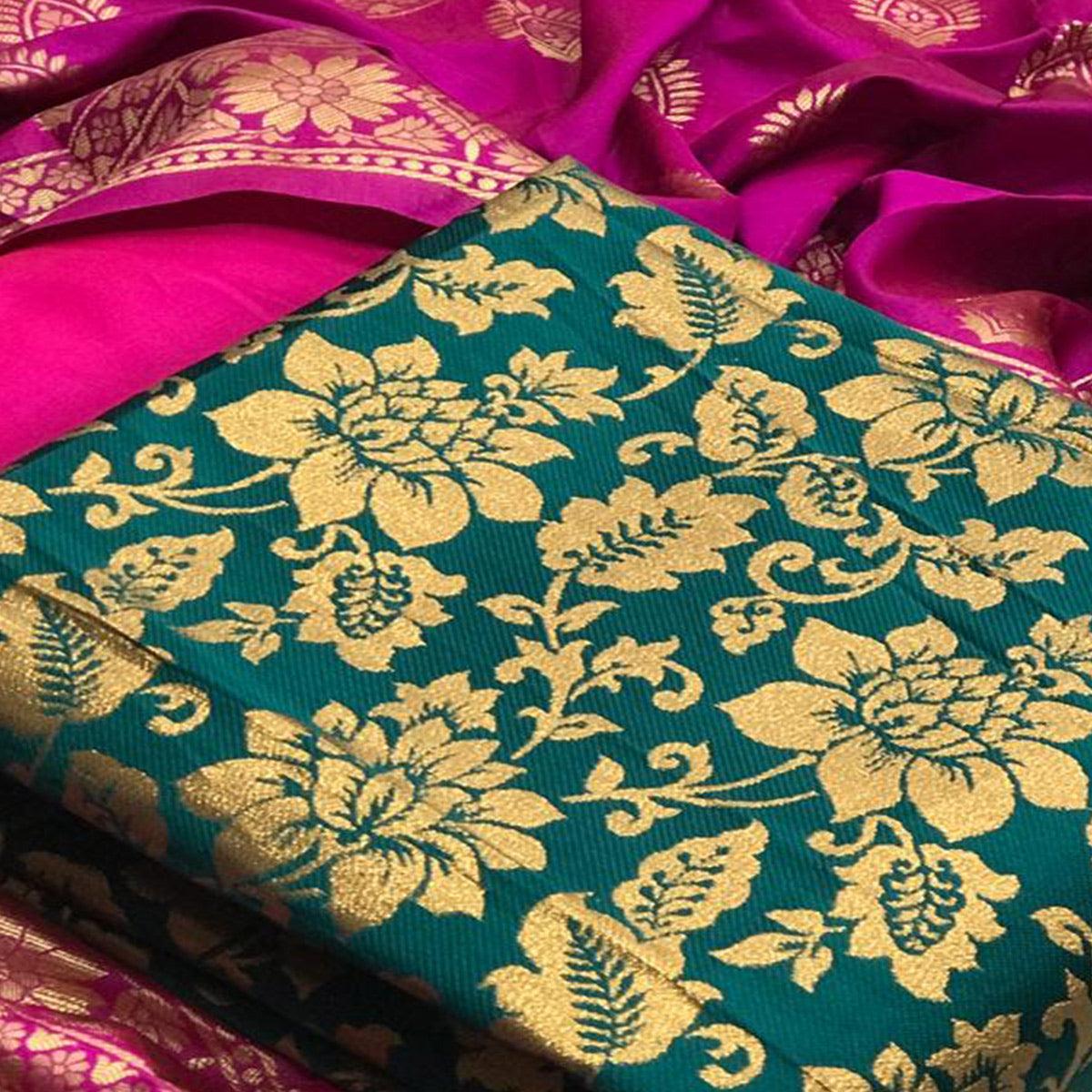 Graceful Rama Colored Casual Wear Woven Banarasi Silk Dress Material - Peachmode