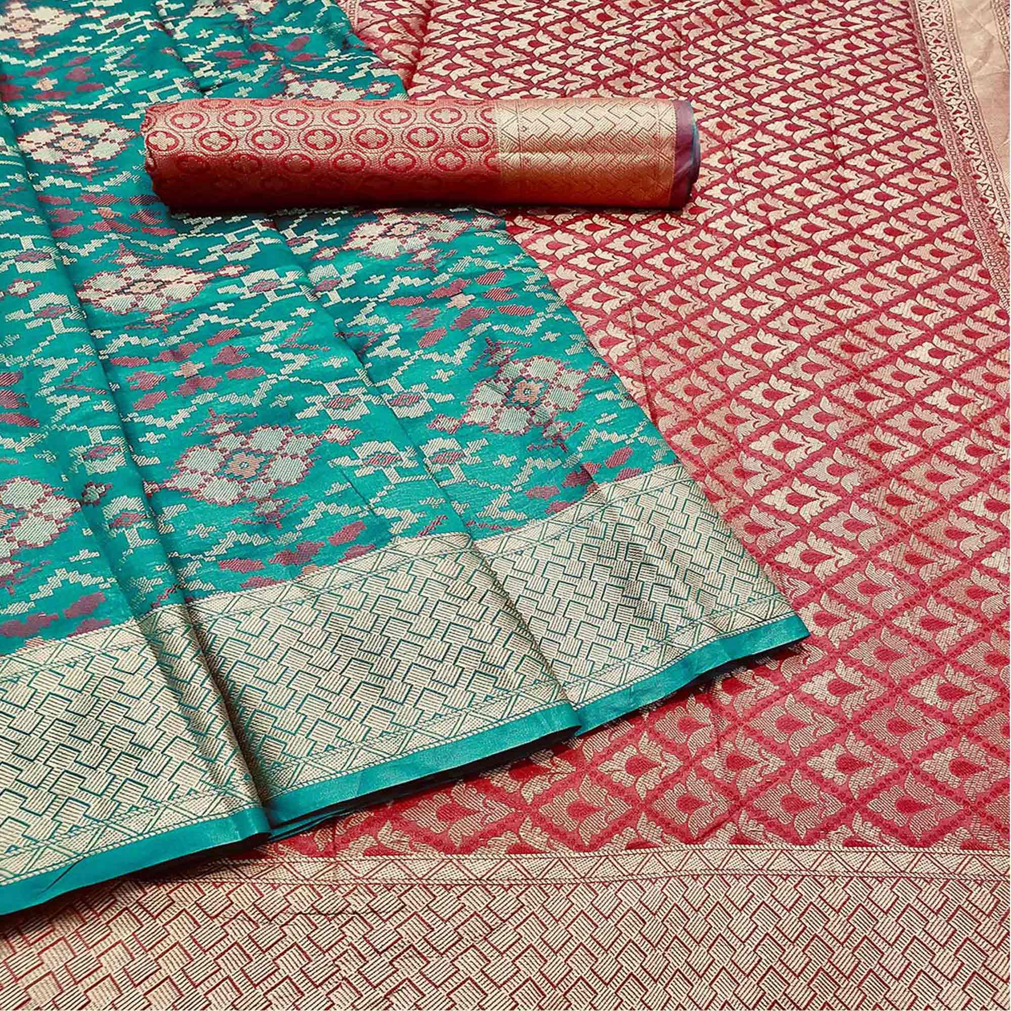 Graceful Rama Colored Festive Wear Woven Banarasi Silk Saree - Peachmode