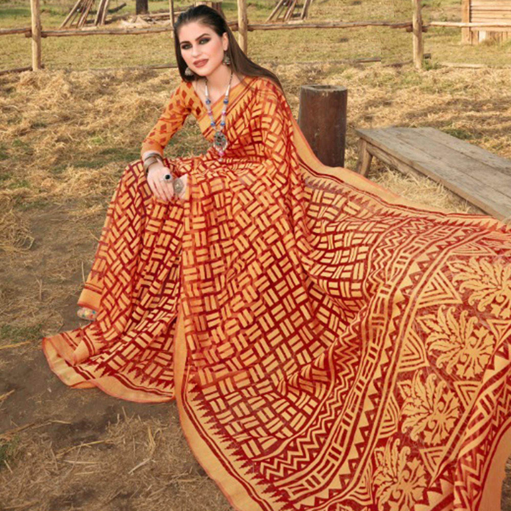Graceful Red & Orange Colored Casual Wear Printed Brasso Saree - Peachmode