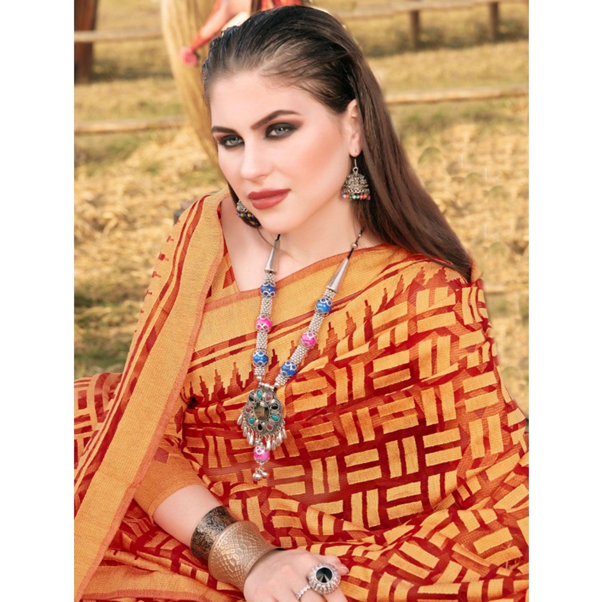 Graceful Red & Orange Colored Casual Wear Printed Brasso Saree - Peachmode