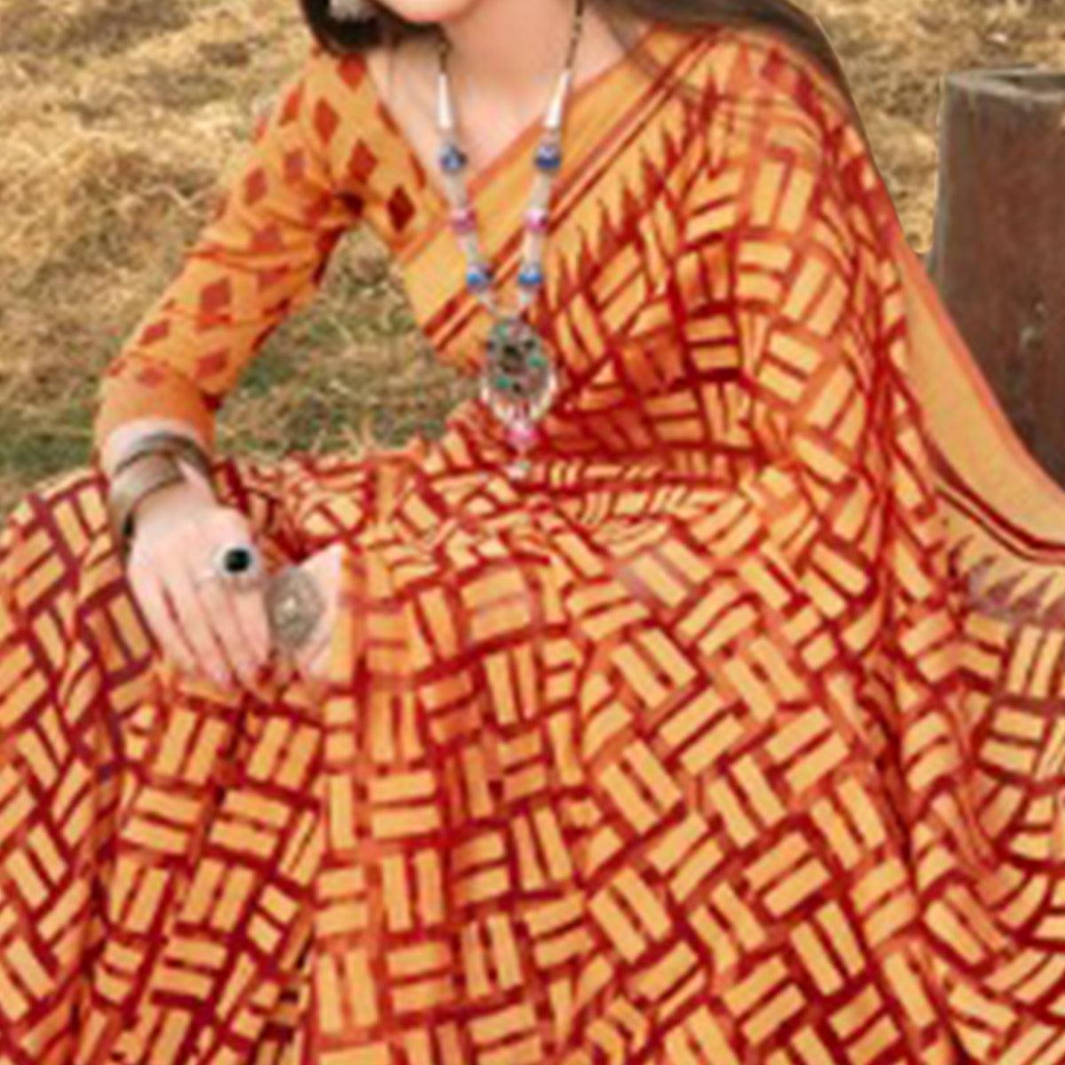 Graceful Red & Orange Colored Casual Wear Printed Brasso Saree - Peachmode